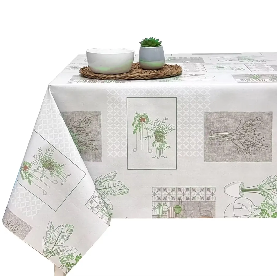 Hulehule Tex Mantel antimanchas de Hule - Color Marron, Verde, Gris con Estampado de Plantas y macetas - Ocala Terra