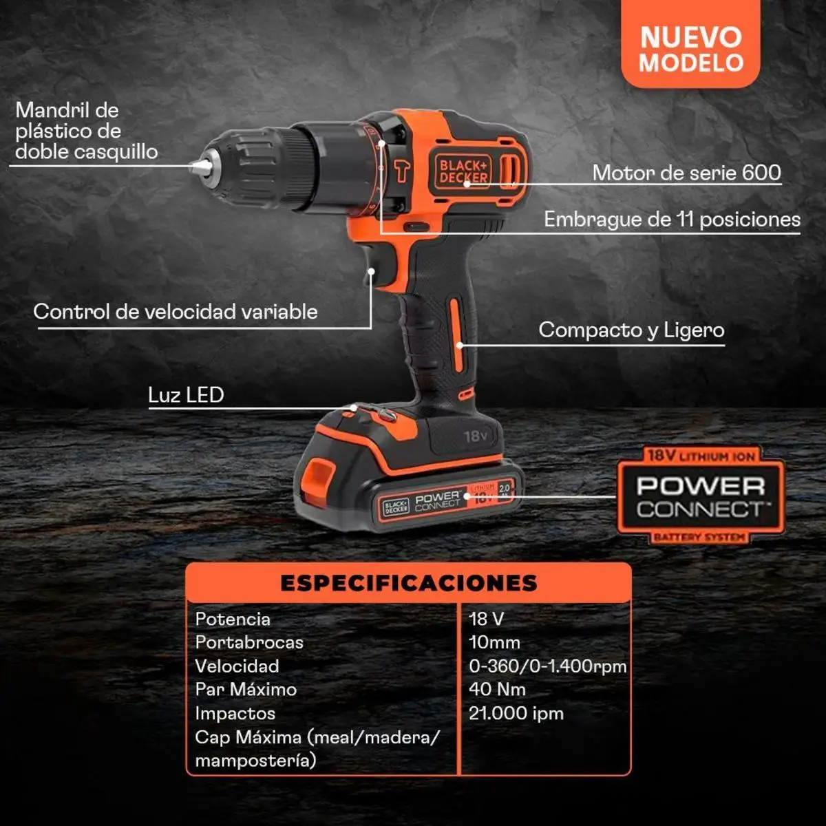 Black & Decker KIT: 18V hammer drill, BDCHD18D1KA-QW + 20 accessories and briefcase | Power and organization in one Kit!