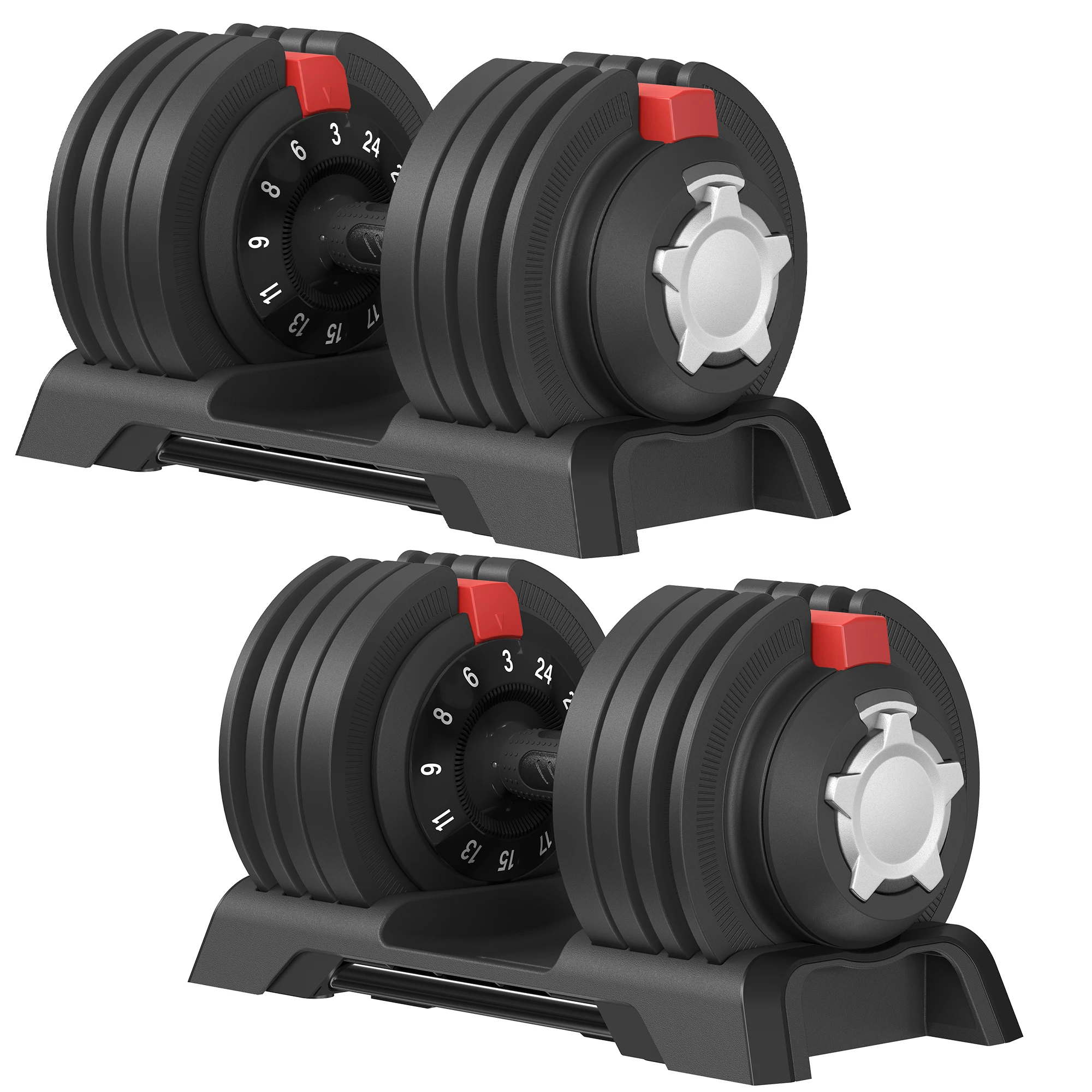 SONGMICS Juego de 2 Mancuernas Ajustables 12 en 1, Peso de 3 a 24 kg, Ahorran Espacio, Mango Antideslizante, Soporte Base, Entrenamiento de Fuerza y Fitness en Casa, Negro y Rojo