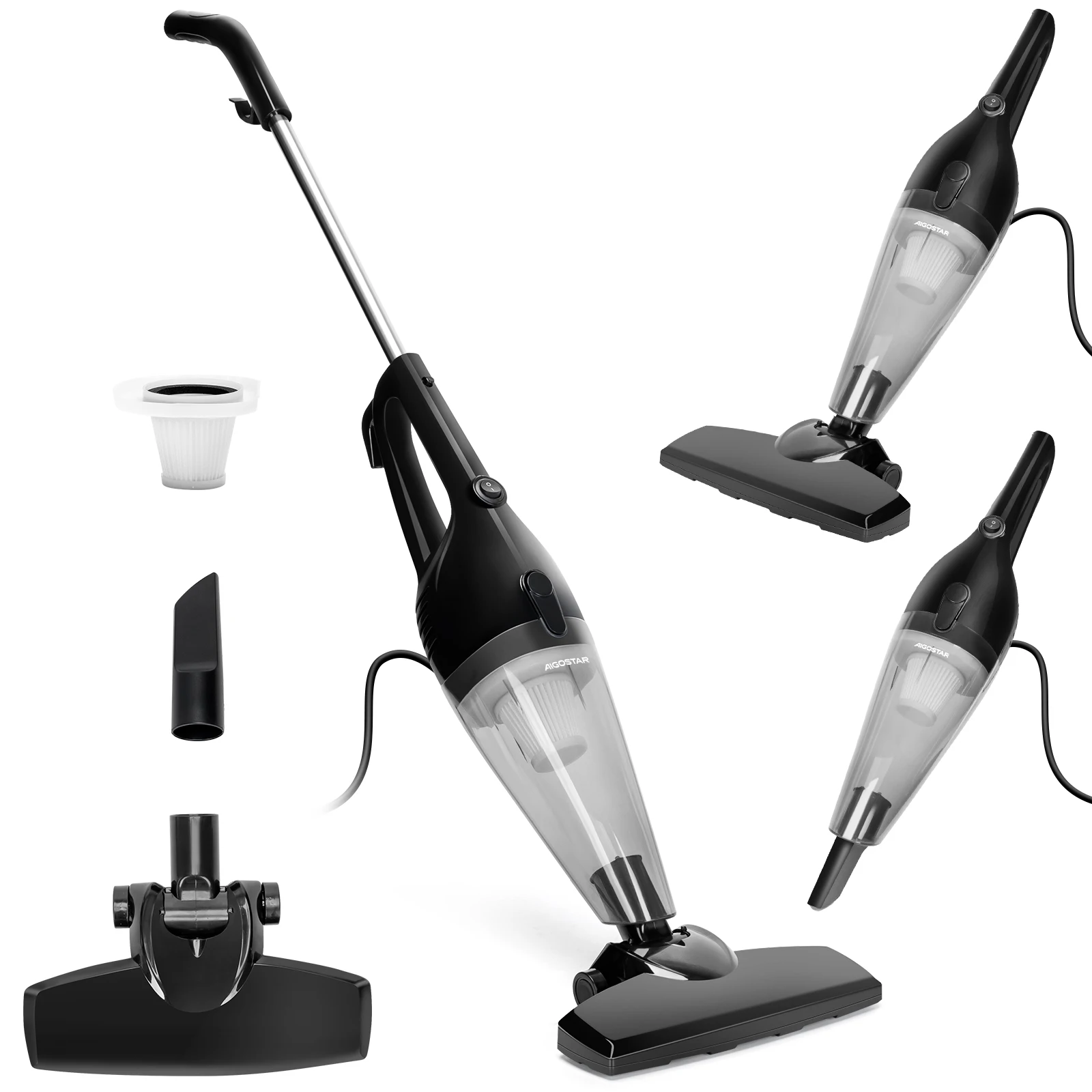 AIGOSTAR Aspiradora Vertical con Cable 4 en 1, Potente de 15 kPa. Suelo, Alfombra, Pelo de Mascota.(Capacidad de 1.2L, 600W)