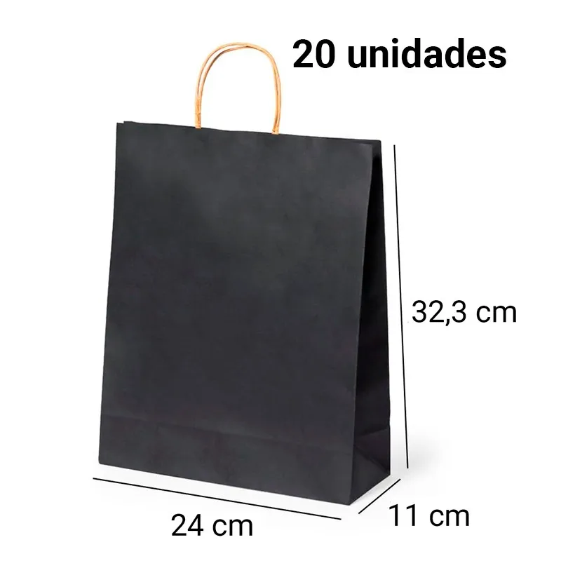 Deliex delicacies of Extremadura. 20 black paper gift bags with handles in different sizes, paper bags for shops and shops (32,3x24x11 cm Black, 20 bags)