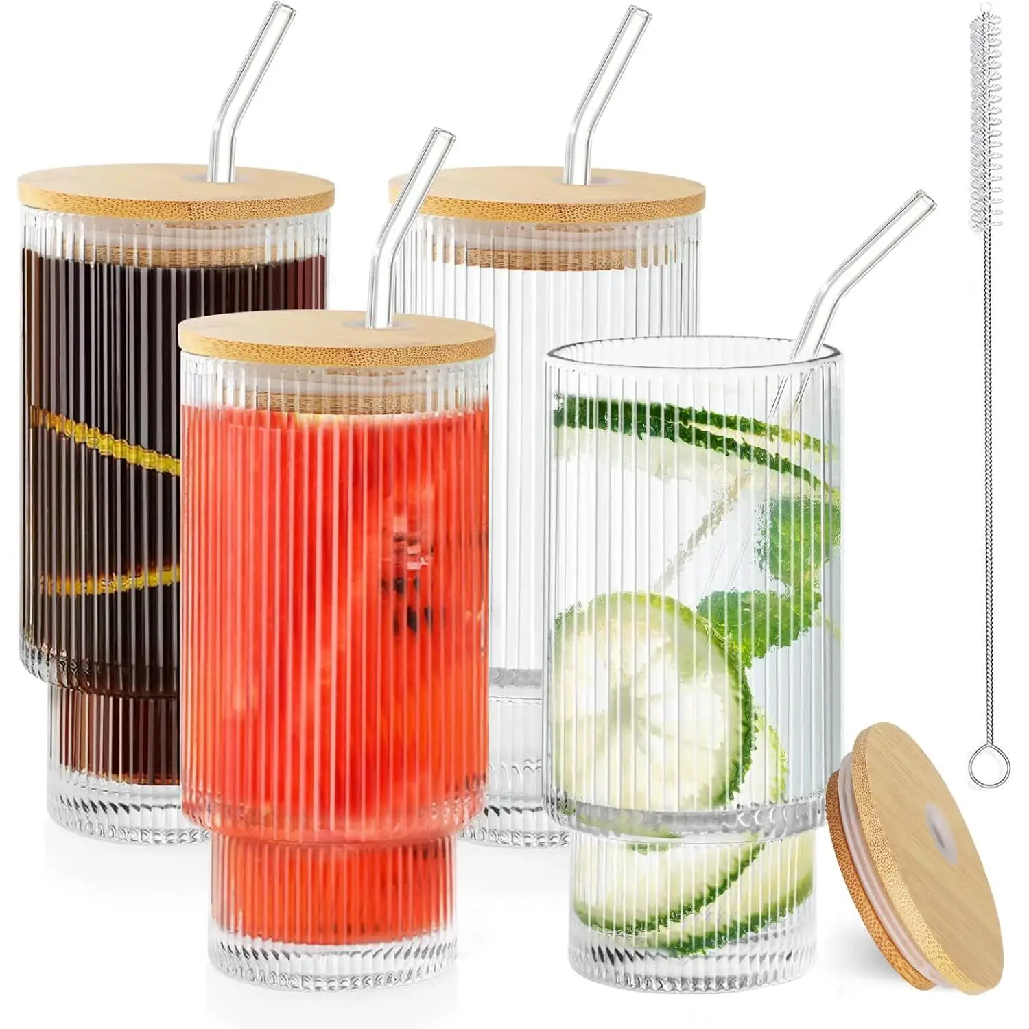 Juego de 4 vasos de vidrio de 350 ml con tapas de bambú y pajitas de vidrio – Vasos transparentes con relieve, ideales para café frío, cerveza, cócteles, té, refrescos, jugos y sodas.