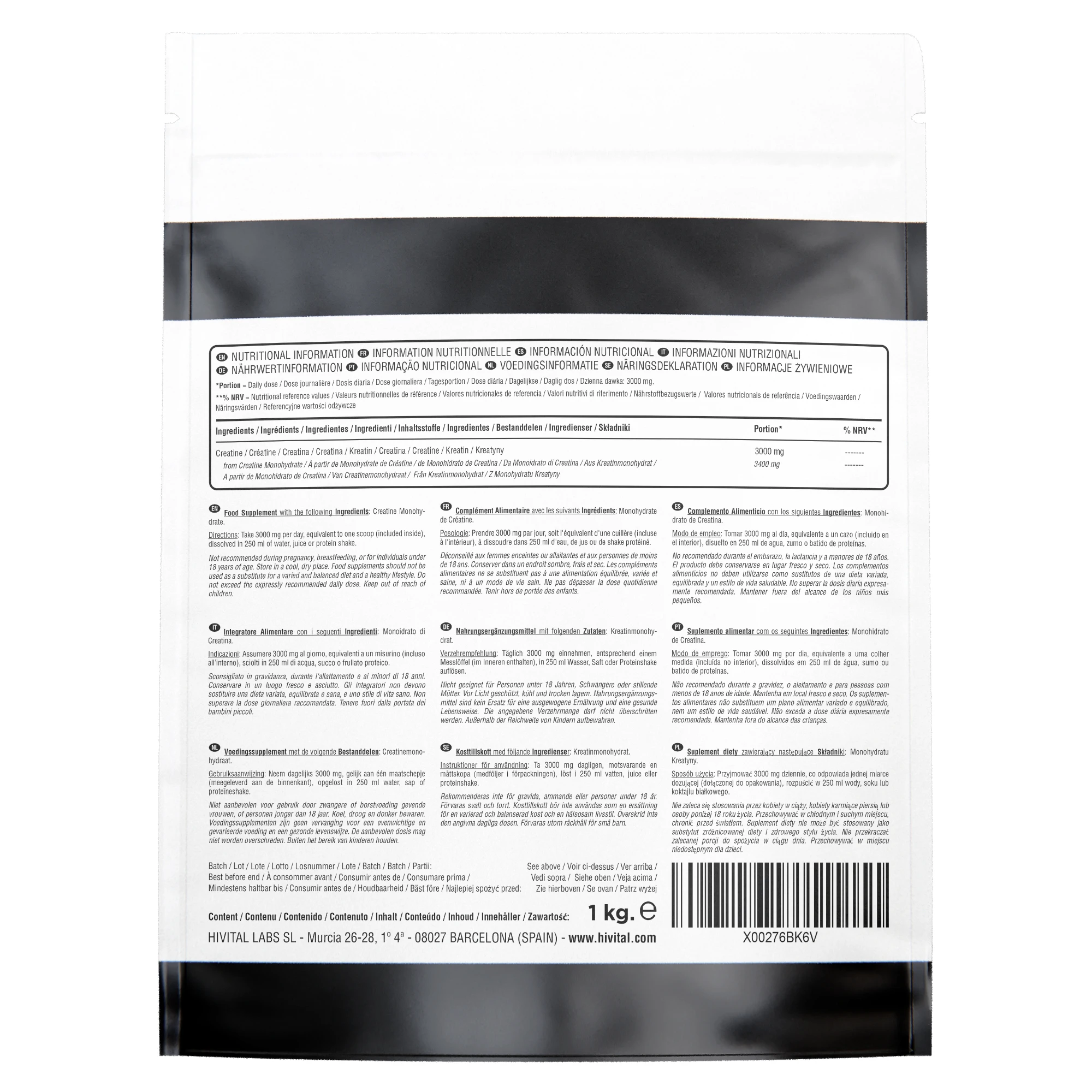 Creatine 3000 mg. 1 kg / 1000 g. 294 servings for almost 10 months. Creatine monohydrate powder 100% pure, vegan and micronized at 200 mesh. Hivital