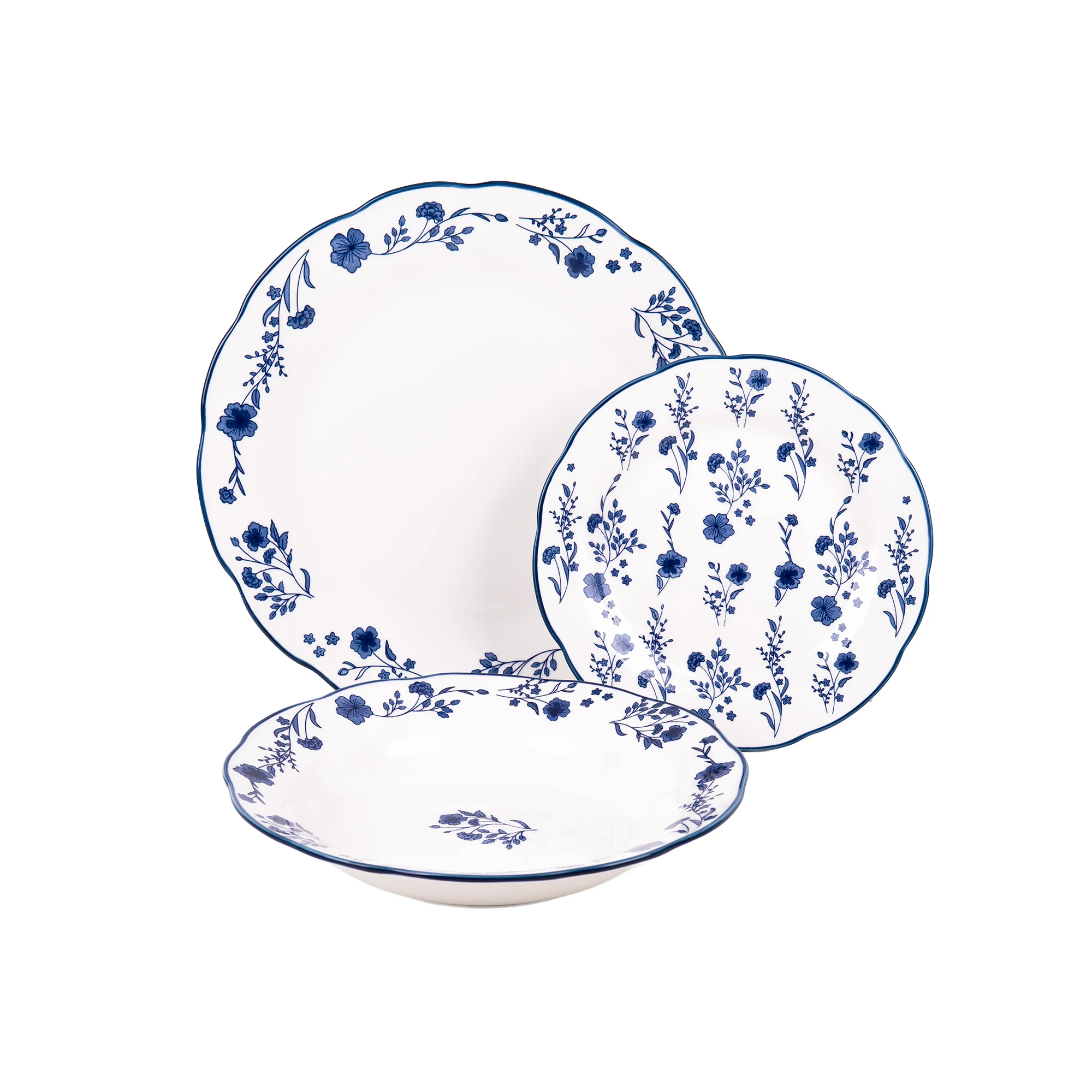 Cofan Vajilla de porcelana esmaltada | Juego de 18 piezas | Diseño floral azul y blanco | Apta para lavavajillas, microondas y horno