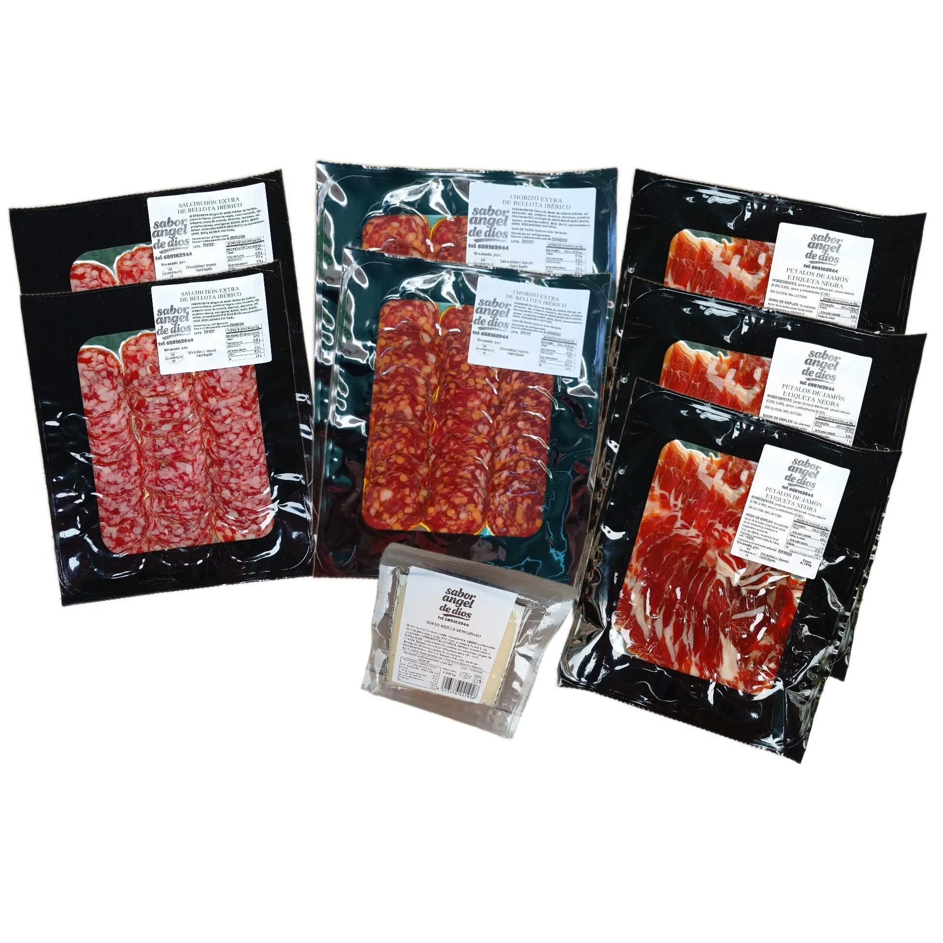 Lote de Embutido Extra de Bellota Iberico + cuña de queso mezcla semicurado de REGALO - CHORIZO, SALCHICHON Y PETALOS DE JAMON - SABOR ANGEL DE DIOS.