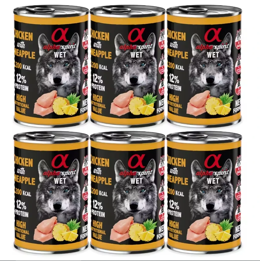 Pack 6 latas x 400 Gr - Alpha Spirit Comida Húmeda de Pollo con piña para Perros