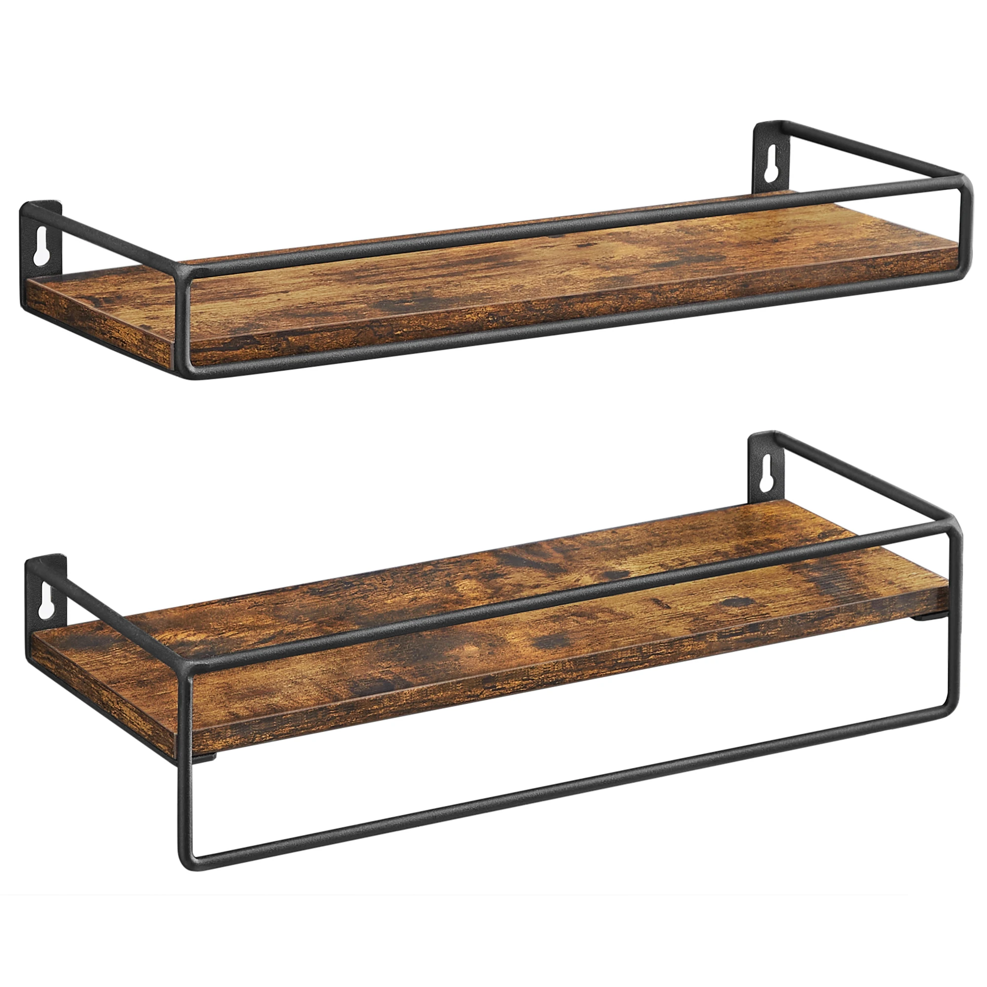VASAGLE Juego de 2 Estantes de Pared, Estantes Flotantes con Varilla, Estantes Colgantes, para Cocina, Dormitorio, Sala de Estar, Marrón Rústico y Negro