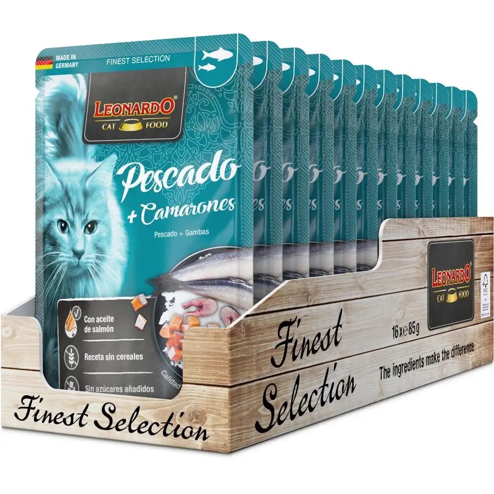 Leonardo Menú Pescado y Gambas Sobres para Gatos - 16 unidades x 85 gr