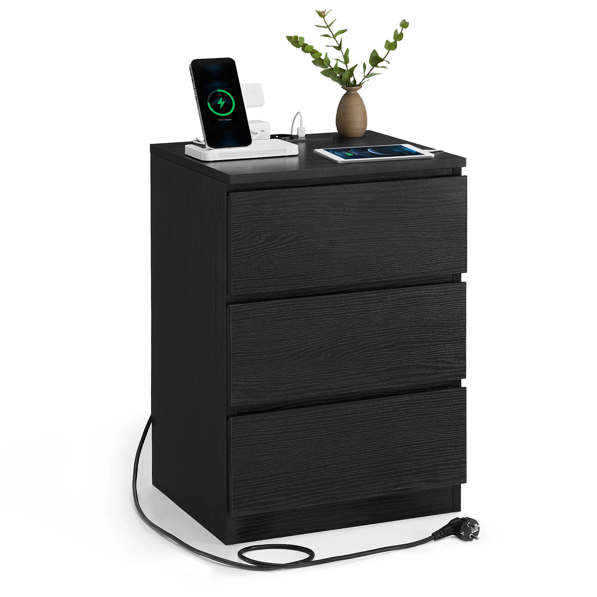 VASAGLE Mesita de Noche con Estaciónde Carga, Mesa Auxiliar con 3 Cajones2 Tomas CA, 2 Puertos UsB, para Salón,Dormitorio, Estudio, Moderno, Negro 
