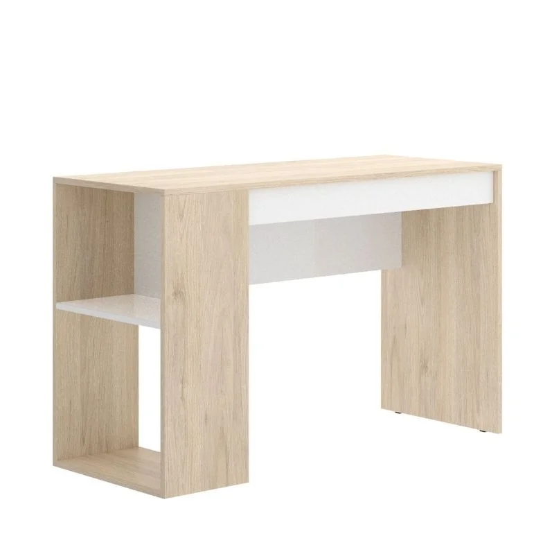 MOBELCENTER - Mesa Escritorio Teo Reversible con Cajón y Estante con 2 Huecos - Natural y Blanco - Ancho: 115 cm x Fondo: 50 cm x Alto: 74 cm - (1204)