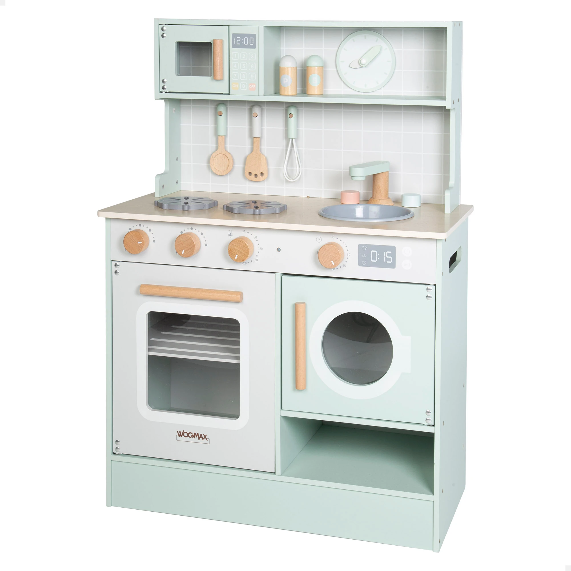 WOOMAX - Cocinita infantil de madera, 60x30x85 cm, Cocina de juguete de madera, Fregadero con grifo extensible, Cocinita de juguete, Juego de cocina para niños, cocinita madera infantil, cocinitas infantiles, utensilios de cocina, juegos de simulación