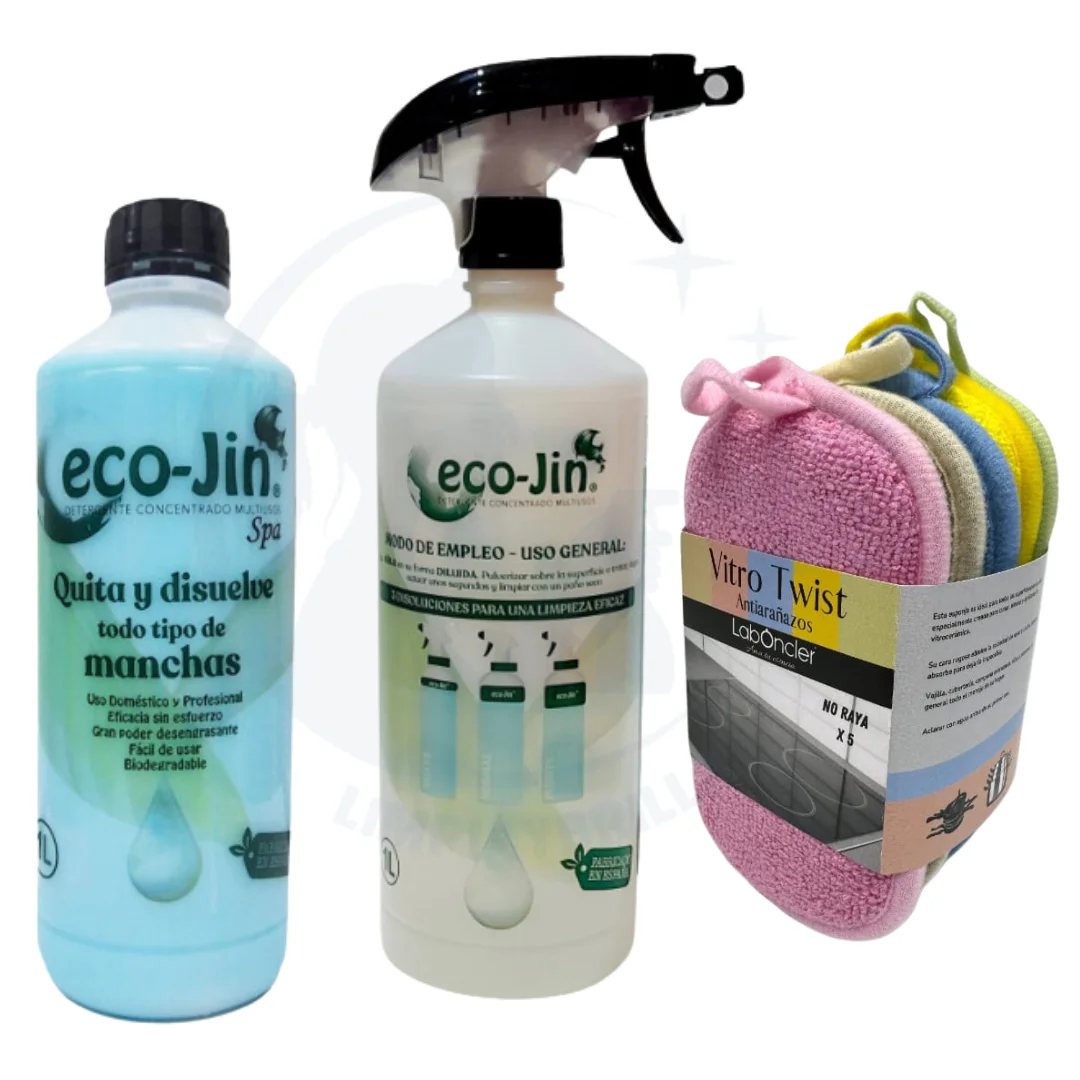 New ECOJIN SPA + new PACK VITRO TWIST special cleaning vitroceramic. ECOJIN SPA scent clean. Special stain remover on all surfaces. ORIGINAL LABONCLER ECOJIN. Multipurpose stain remover. Anti-scratch VITRO scouring pad. Cleaner shines