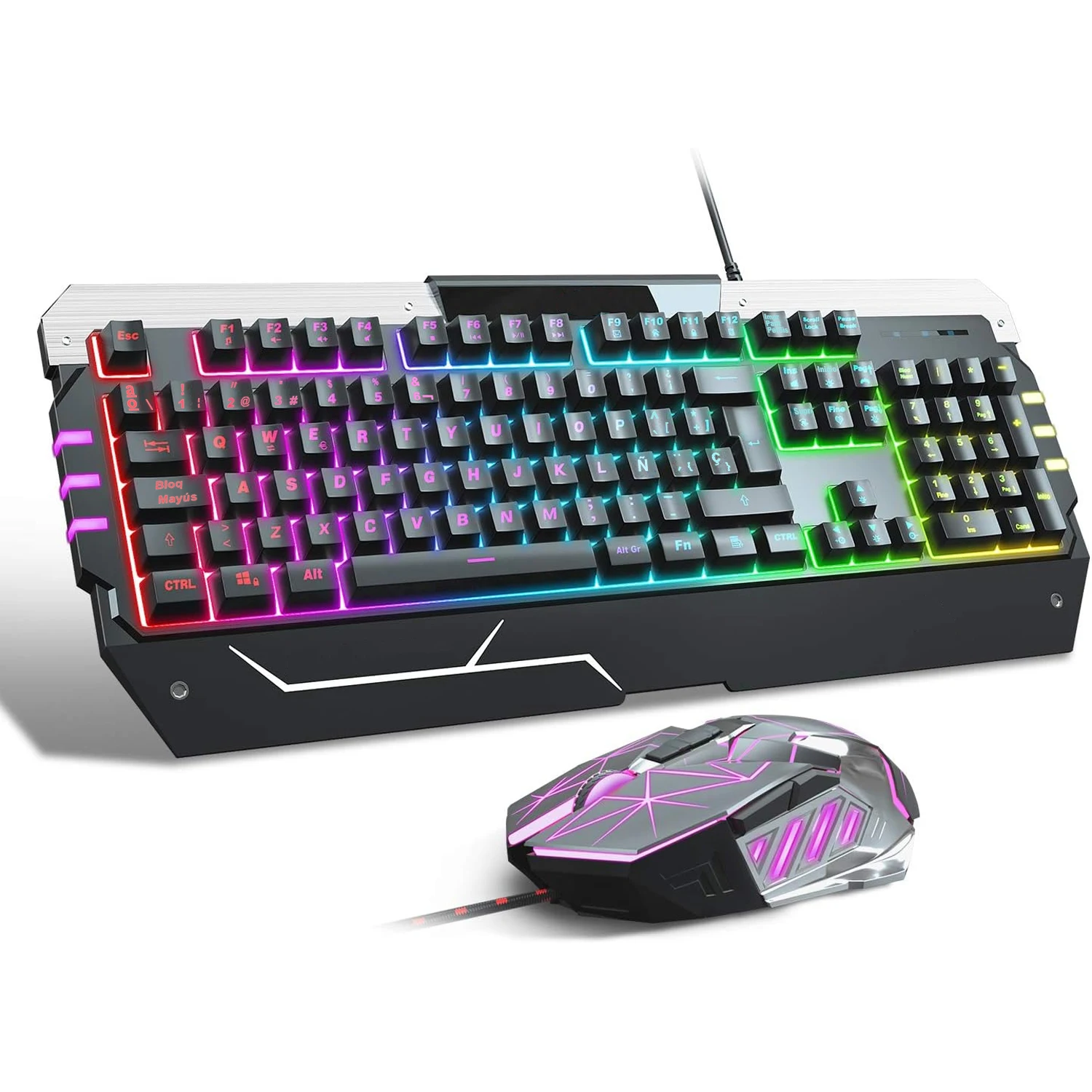 NQT Gaming keyboard and Gaming mouse for QWERTY Spanish USB RGB layout GT817 104 backlit keys and mouse set with USB Cable for PC Windows