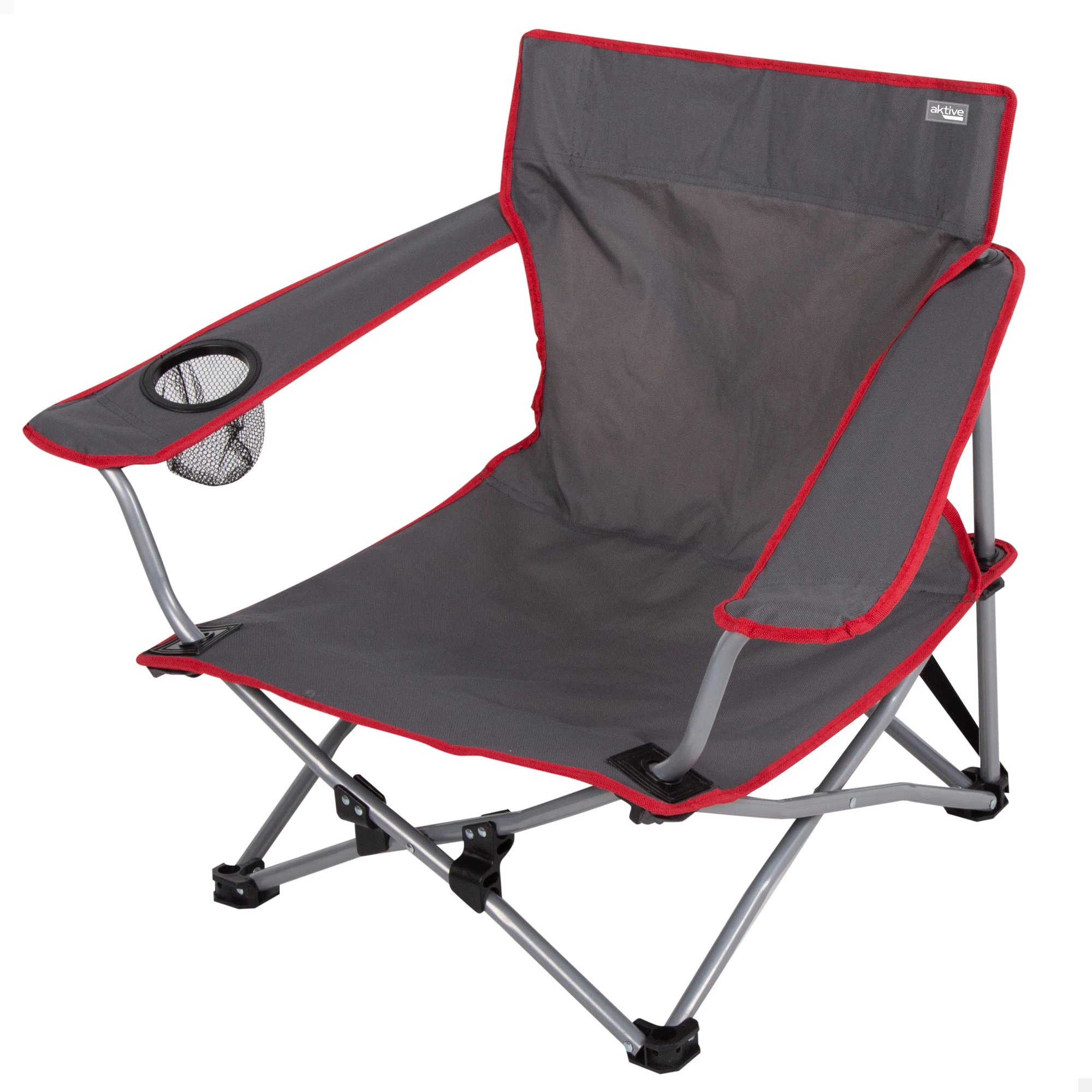 Aktive - Silla camping plegable, 49x46x60 cm, asiento bajo, incluye posavasos, topes antivuelco, peso máx 110 kg, estructura acero, tejido poliéster, asa transporte de hombro, sillas plegables, silla