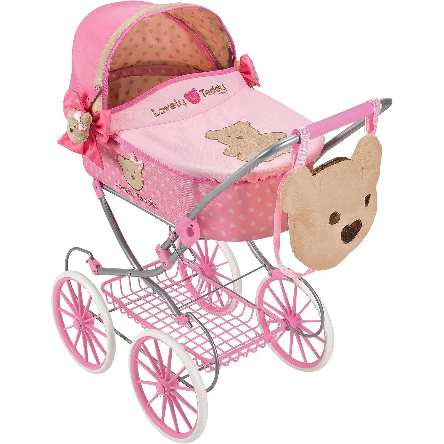 Doll cart. Classic Lovely Teddy doll cart in pink (9950) includes carrycot with hood and carrycot covers, basket slides and bag. Folding and easy to assemble, quality at the best price. According to the regulations CE. + 3 years