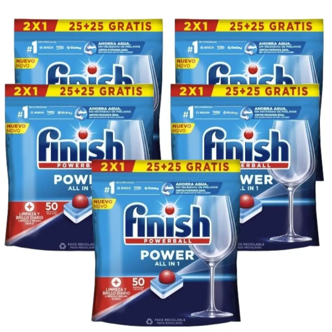 Finish Power All in 1 - Pack of 5 packs of 25 + 25 (250) 2 packs or Pack of 25 + 25 (100) with powerful Powerball to remove the most difficult grease stains.