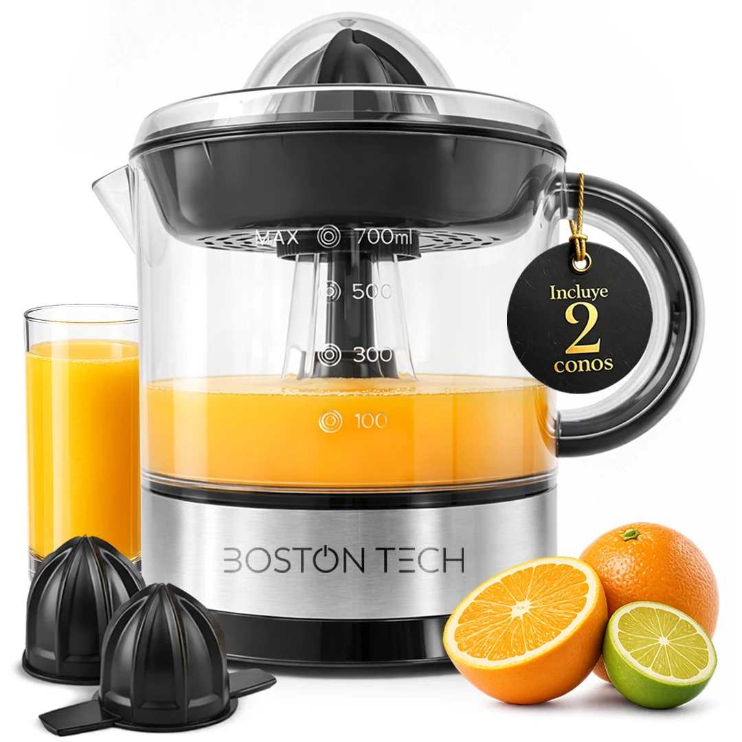 MasterJuicer: Exprimidor Eléctrico de Cítricos  700 ml, Doble Sentido de Giro, 40W  2 Conos, BPA Free, Antigoteo, cubierta antipolvo y Apto para Lavavajillas  Marca Española Eco-Friendly. Boston Tech