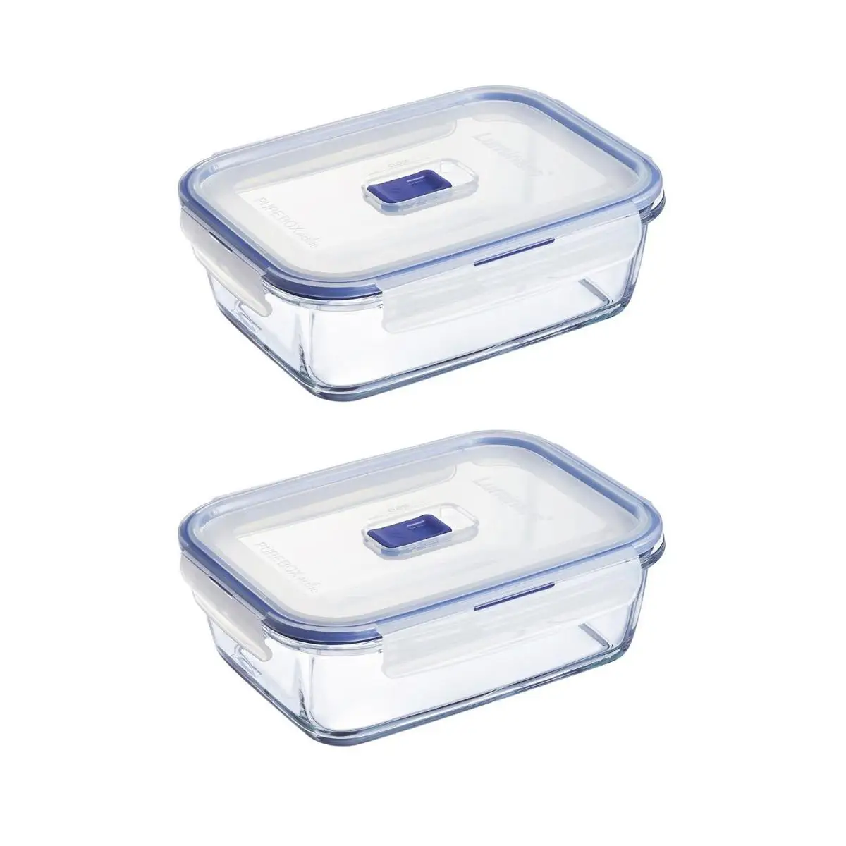 LUMINARC PURE BOX ACTIVE Set of 2 Airtight Rectangular Glass Containers 21x15cm with Valve, 122CL Capacity, Bicolor Finish, Ideal for Food Storage and Microwave Safe, Leakproof and Stackable Design.