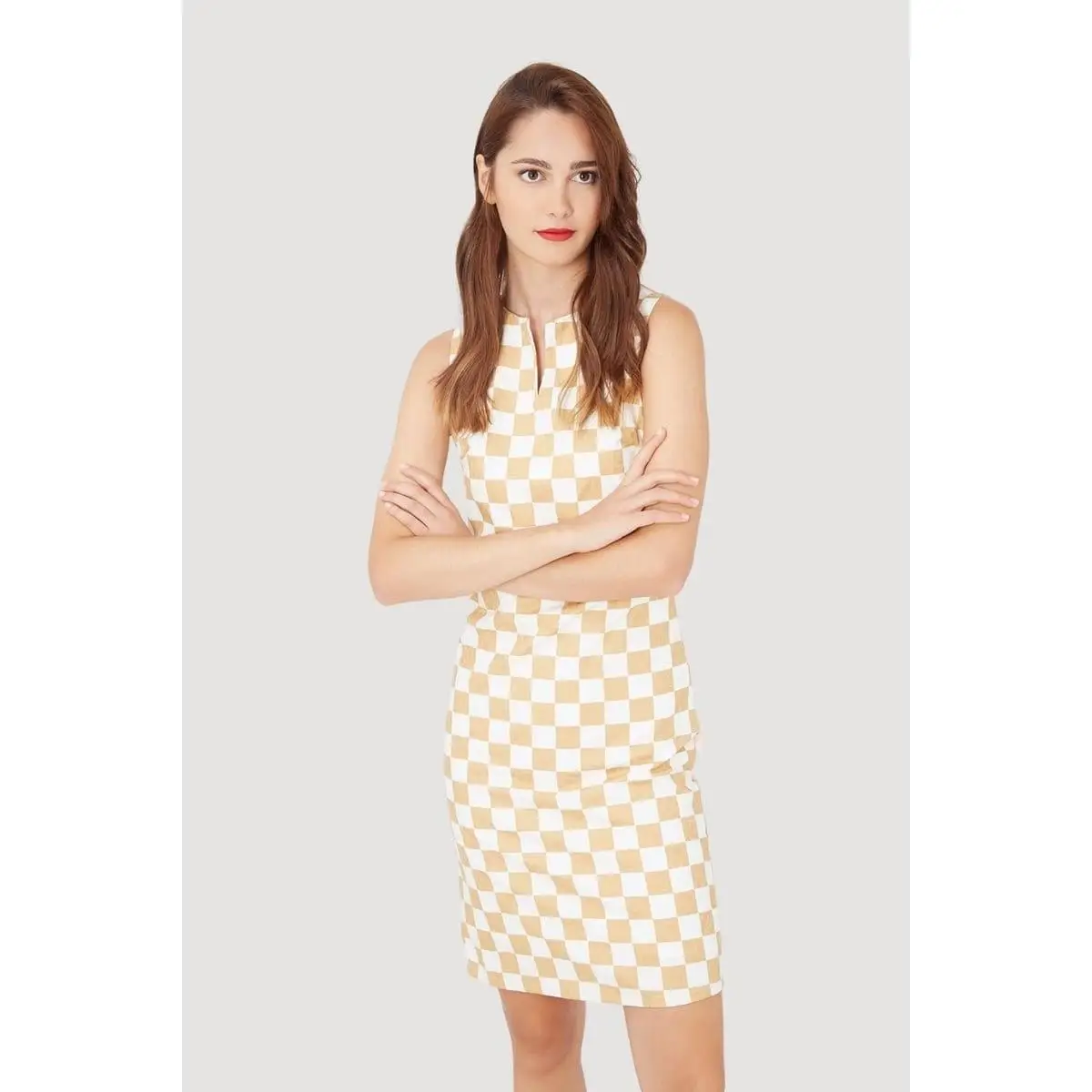 Vestido sin mangas, dress, outfit recto cuadros beige elegante ligero geométrico, corte recto, estilo sofisticado, comodidad, talla L, look versátil eventos reuniones ✅Entrega 24/48h