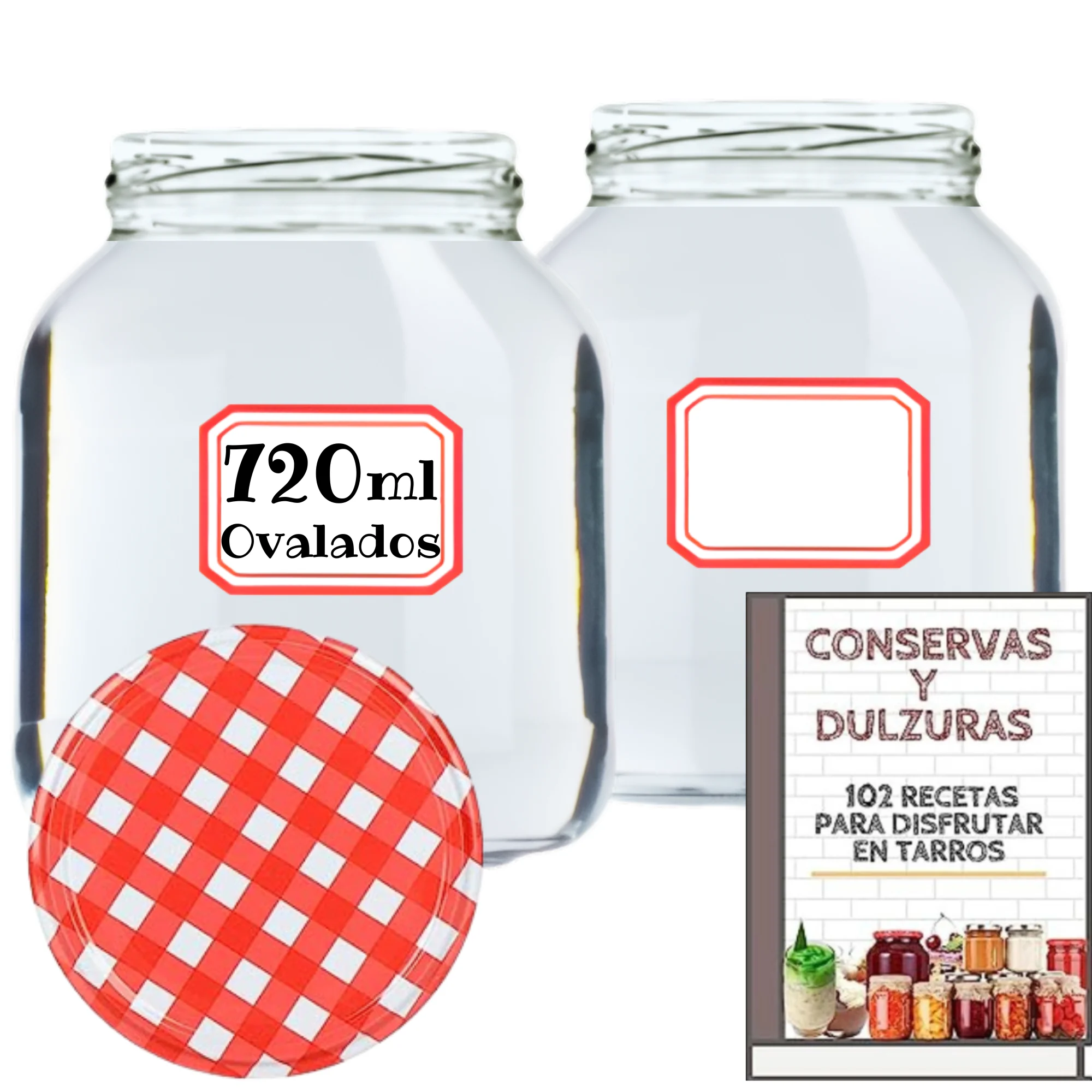 MundoTarros - Tarros de Cristal de 720 ml Ovalados con Tapa de Rosca Hermética de Metal + Ebook de 102 Recetas - Frascos para Conservas, Salsas, Mermelada, Puré - Incluye Etiquetas