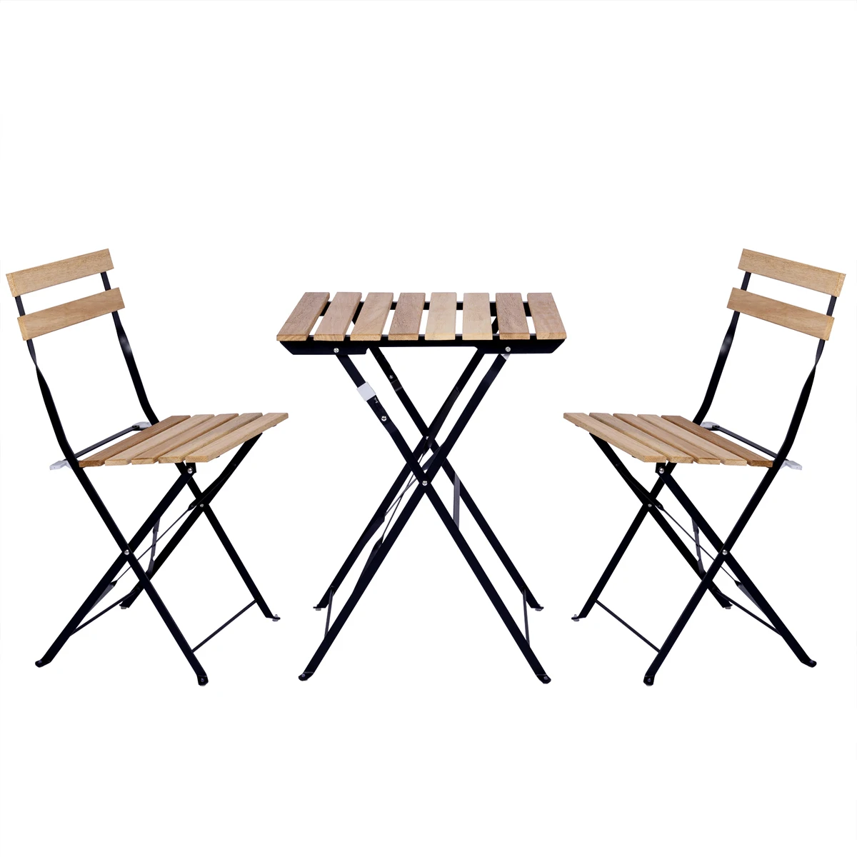 T-LoVendo Set de 3 Muebles de Mesa y 2 Sillas, Jardín, Exterior, Plegables, Metal y Madera, para Terraza Estilo Retro, Estructura de Acero, tipo Bistró, Patas Antideslizantes, Balcones Pequeños, Terrazas