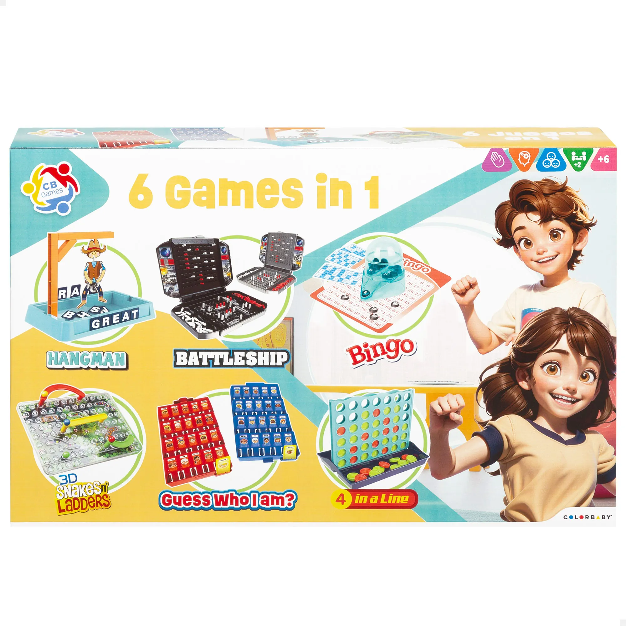 COLORBABY Set 6 Board Games, the Hanged Board Game, bingo, Snakes and Ladders 3D, Who's Who, Sinking the Fleet, 4 Online, for more than 2 players, children toys 6 years