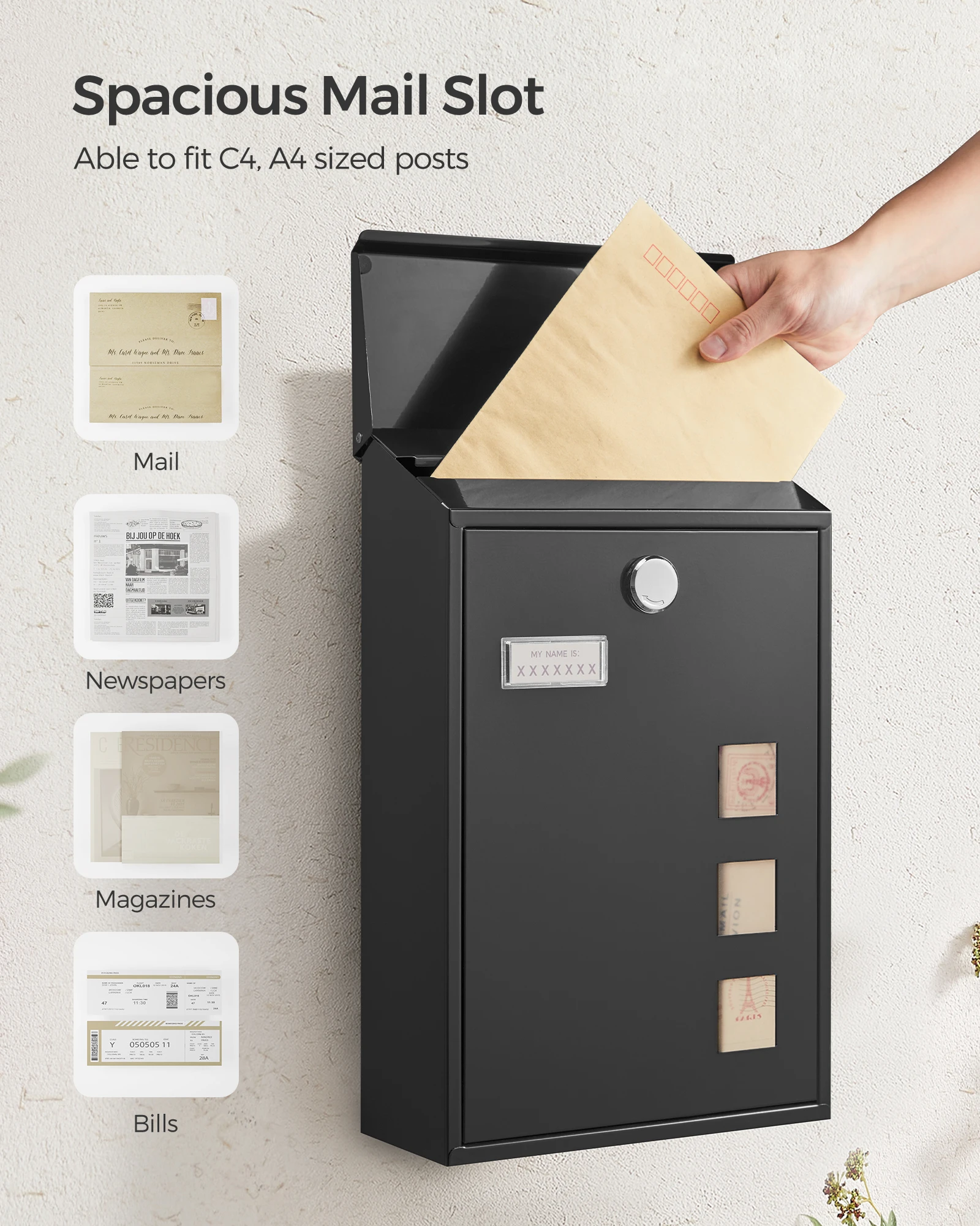 Songmics - modern wall mailbox, with viewing windows, identification plate, lock with copper core, easy to install, black