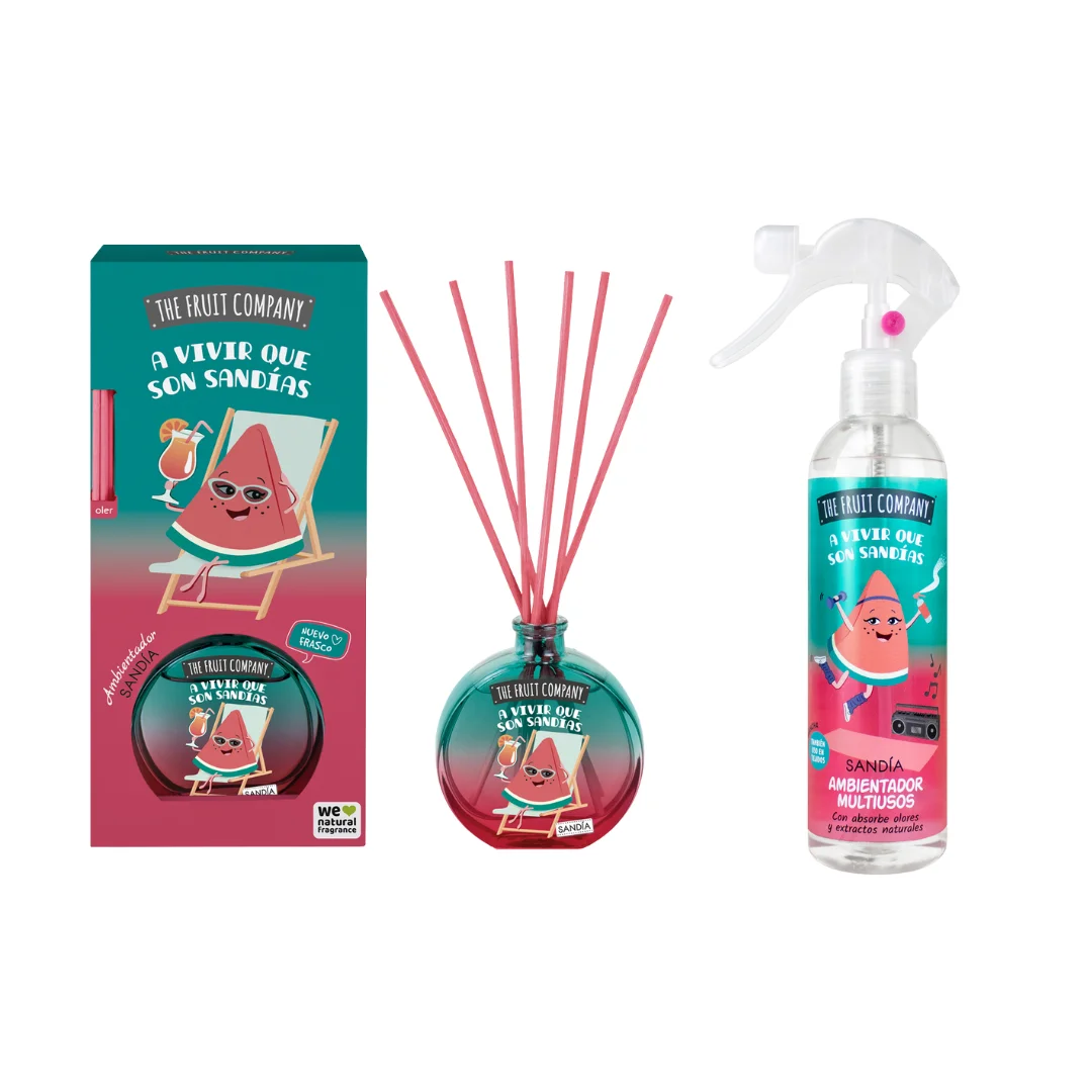 Pack ambientador Fruit Company – mikado y spray con aroma a sandía, aromas de frutas dulces para el hogar, fragancias virales y divertidas