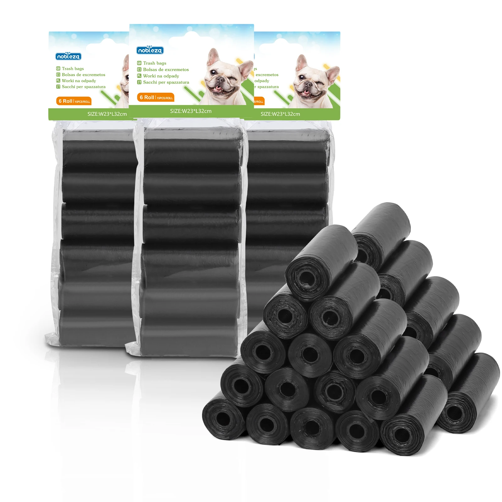Nobleza  Bolsas Caca Perro, 1080 Unidades Bolsas Excrementos Perros, Extra Grueso, Fuerte y a Prueba. 6 Rollos por Pack, 72 Rollos , Color Negro