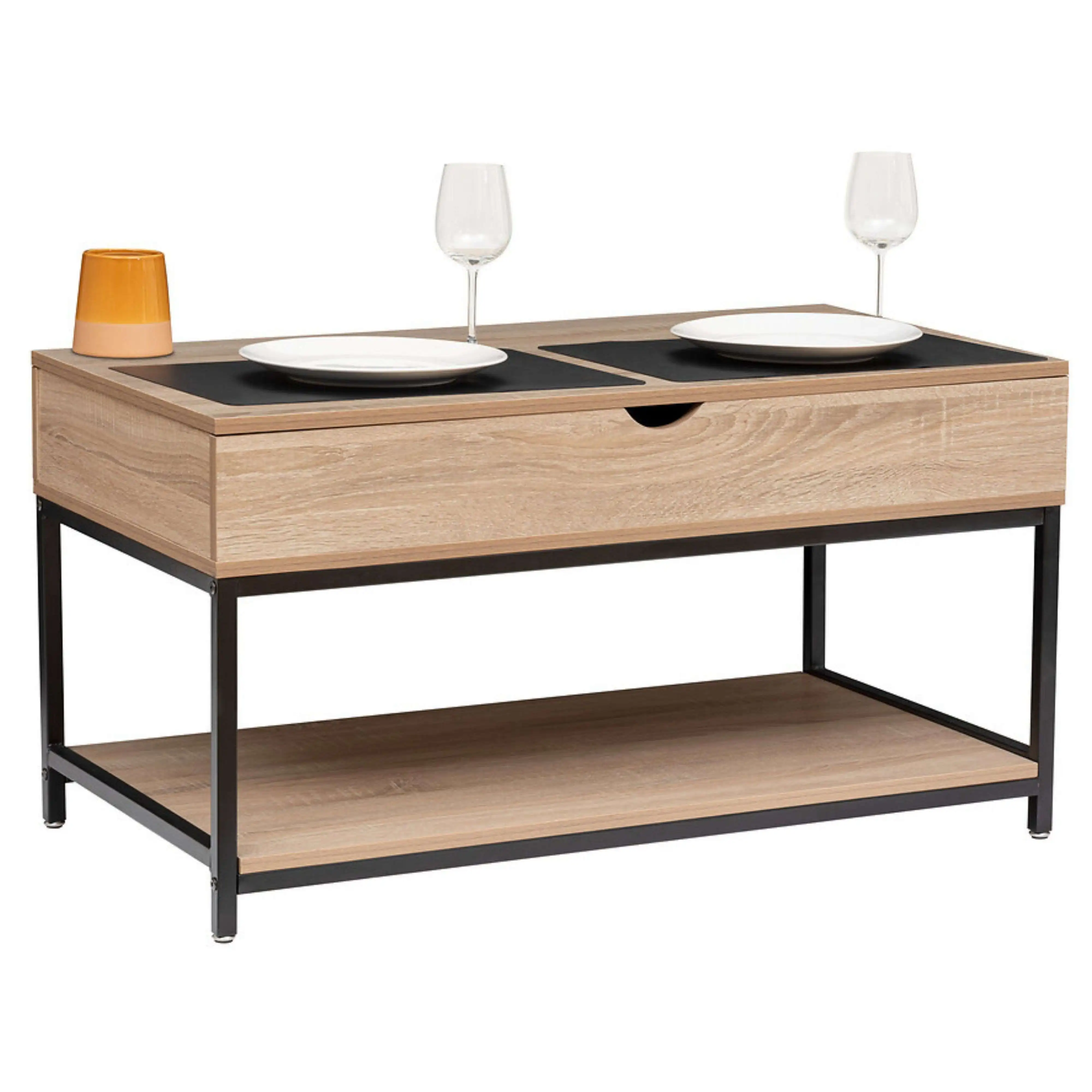 Miroytengo Mesa de centro elevable Aliaj con Compartimento Interno en color Negro y Roble Claro 95x50 cm