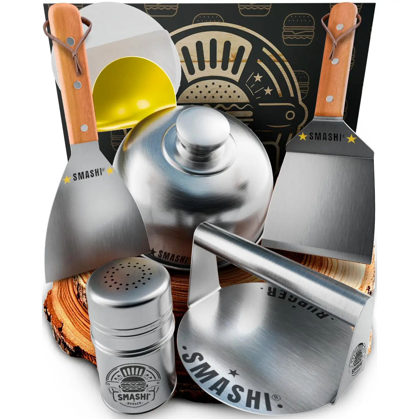 SMASHI® Smash Burger Kit Profesional Acero Inoxidable 304 Certificado EU Contacto Alimentos | Prensa Hamburguesas + Espátulas con Mango de Madera + Accesorios | Incluye 25 Recetas