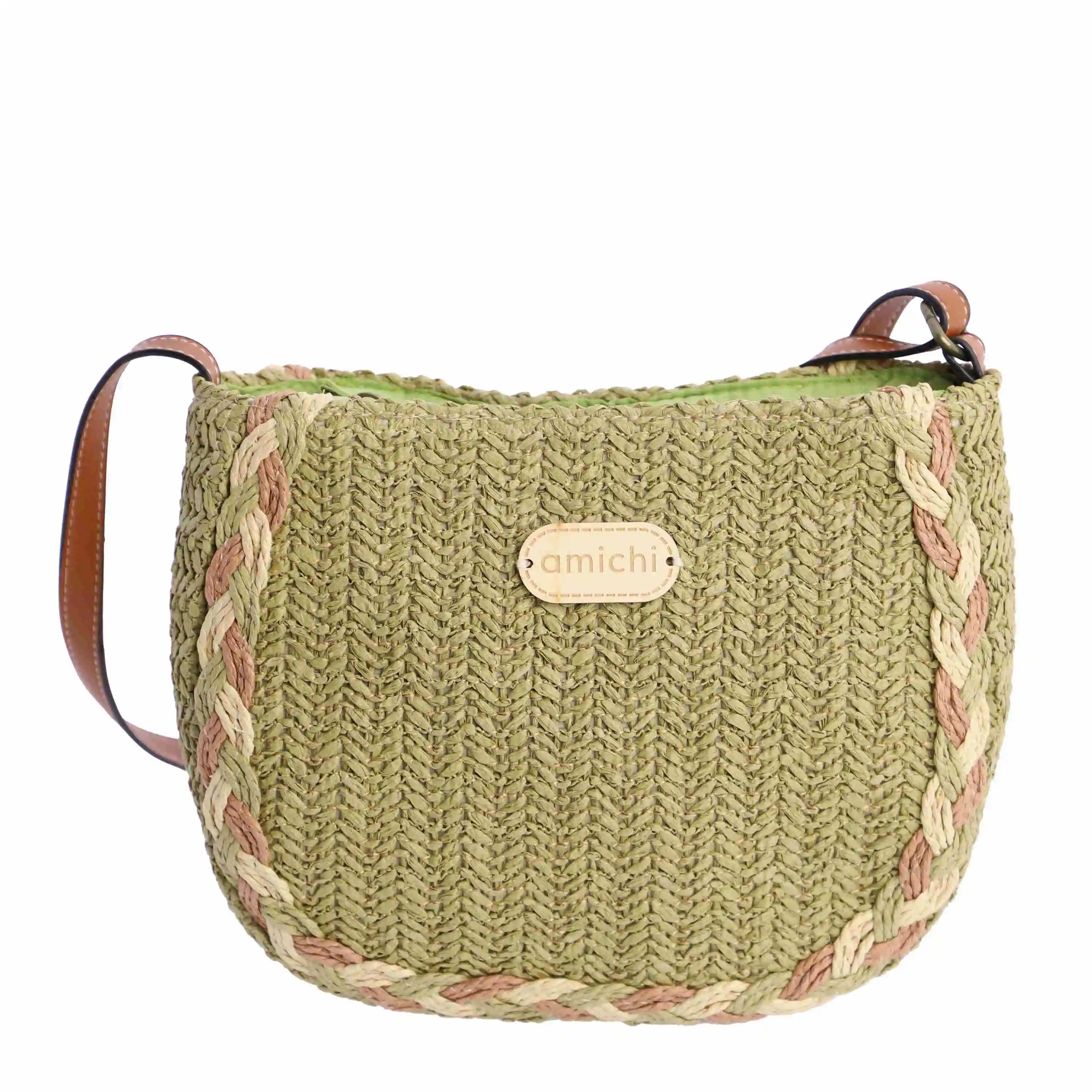 Bolso bandolera para mujer AMICHI Puri de rafia verde con cierrre de cremallera