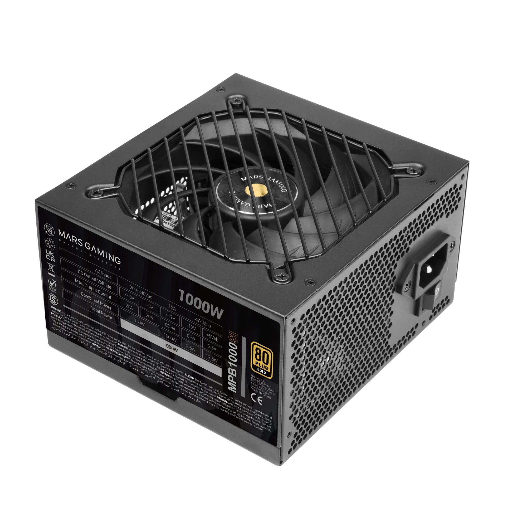 Mars Gaming MPB1000SI, Fuente Alimentación PC ATX 1000W, 7 Años de Garantía, 80Plus Gold 90%, Ventilador SI Extreme Silence con Núcleo de Cobre y Aluminio, Tecnologías AI2-RPM, DC-DC y SMD, Fuente PC