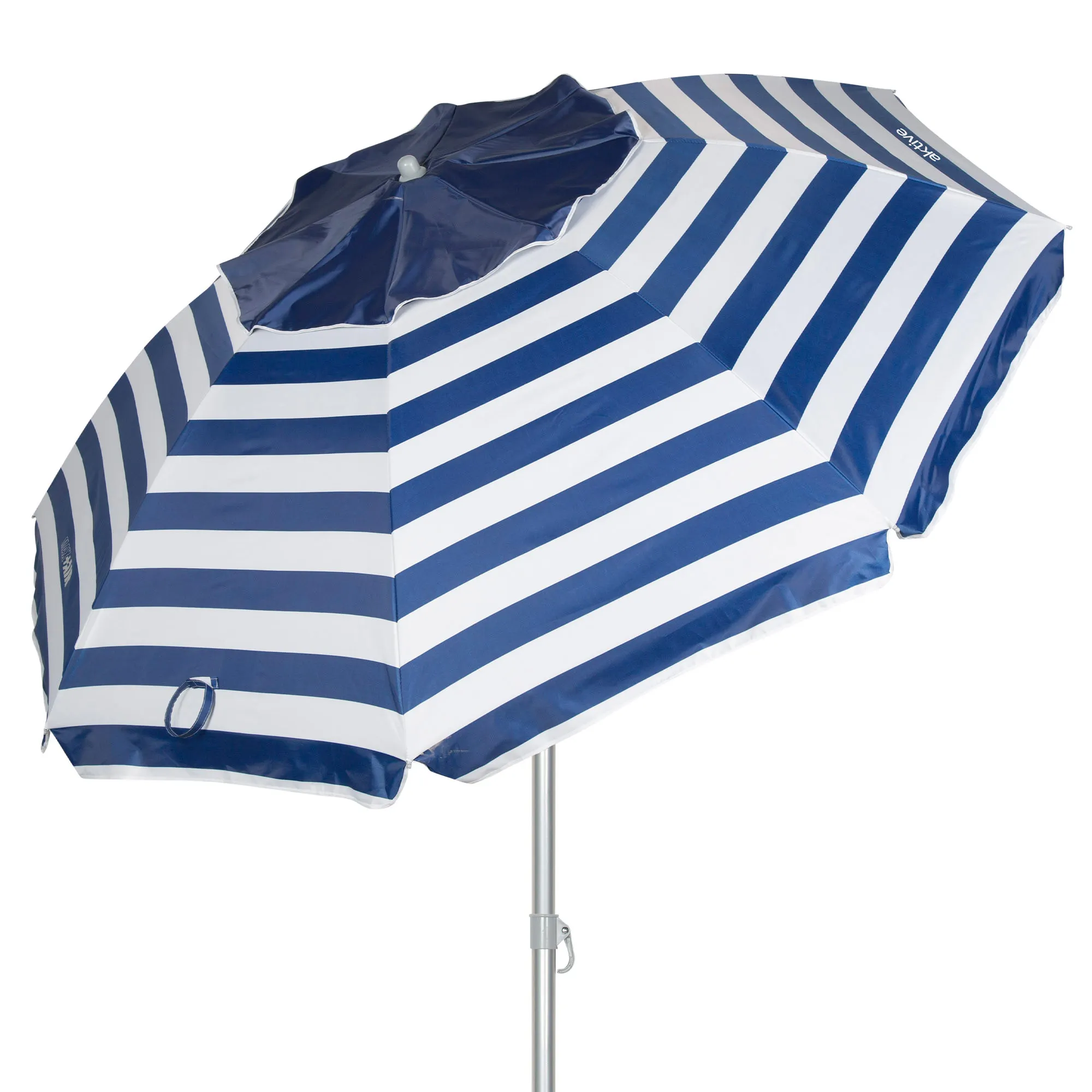 Aktive - Sombrilla de playa marinera antiviento, protección UV50 con revestimiento plateado, mástil de metal 28/32 mm, sistema de inclinación, 8 varillas de fibra de vidrio, ventilación Max+Air y funda de transporte, ideal para playa y piscina