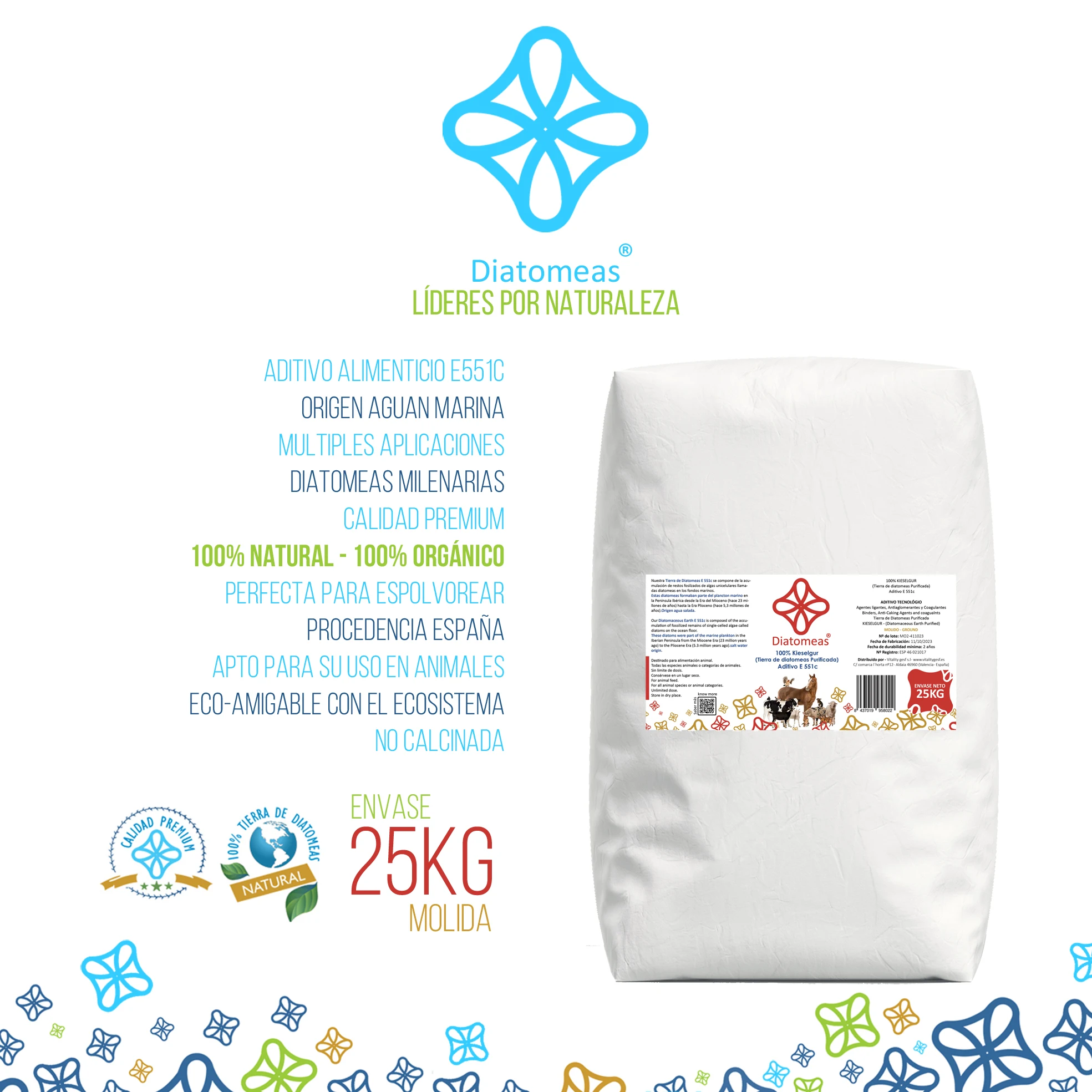 Diatomaceous®-25kg ground diatomaceous earth, natural 100%, eco-friendly and high purity, animal food grade E551C.