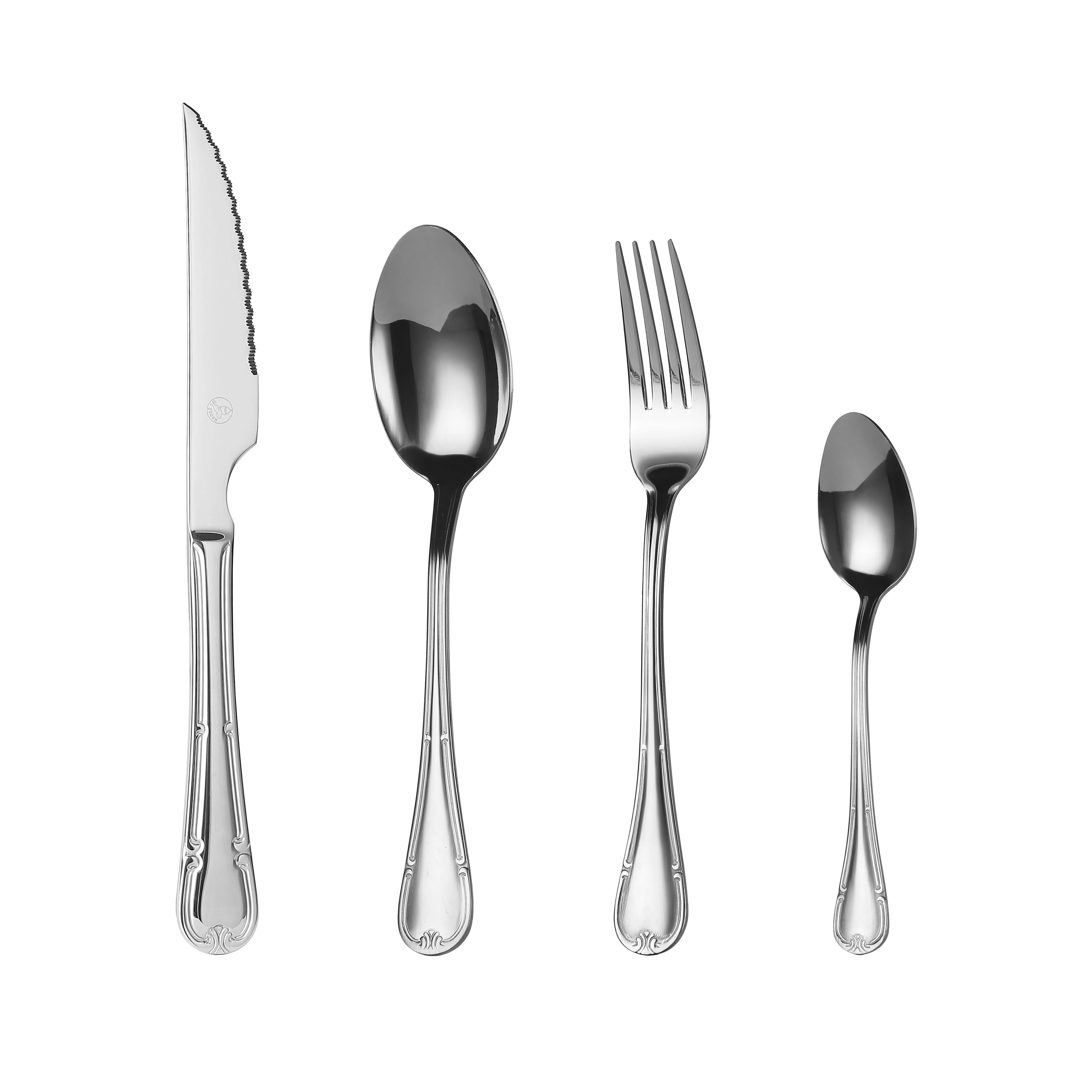 Mr.Spoon Serie Flores Juego de 24 o 48 piezas cubiertos,Acero Inoxidable 18/0,Económico y funcional,Incluye cuchillo de carne o mesa,tenedor,cuchara,cucharilla,Mango monobloque,Apto para