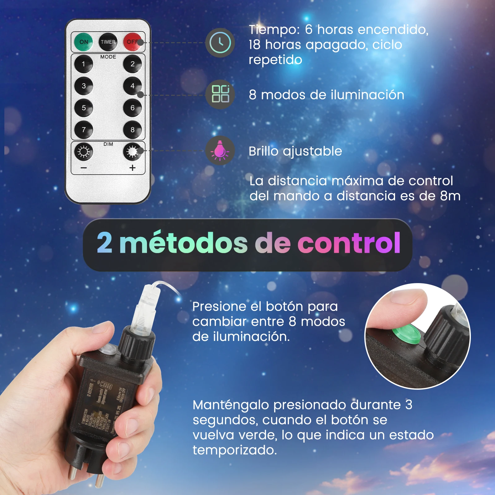 Aigostar luces de cortina de Navidad con estrellas y lunas RGB, 3M*3M*0.6M, 8 Modos Cadena de Luces con Remoto, 120 LED, temporizador, Resistente al Agua, para exterior y Interior, decoracion navidad