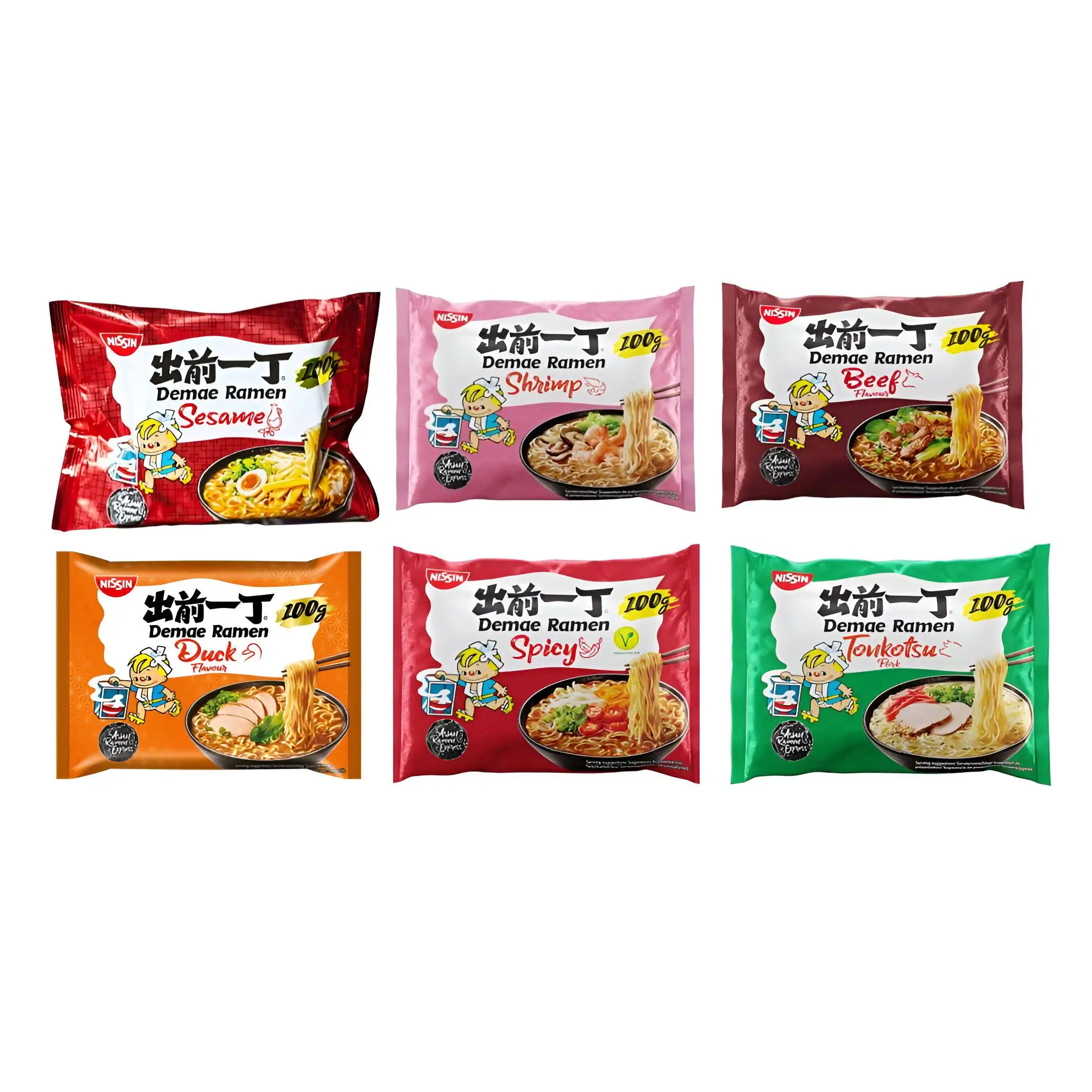 Nissin Demae Instant Noodles Ramen 7 PAQUETES MEZCLADOS - Tonkotsu, pollo, ternera, sésamo picante, gambas, salsa de soja, pato (100 g)