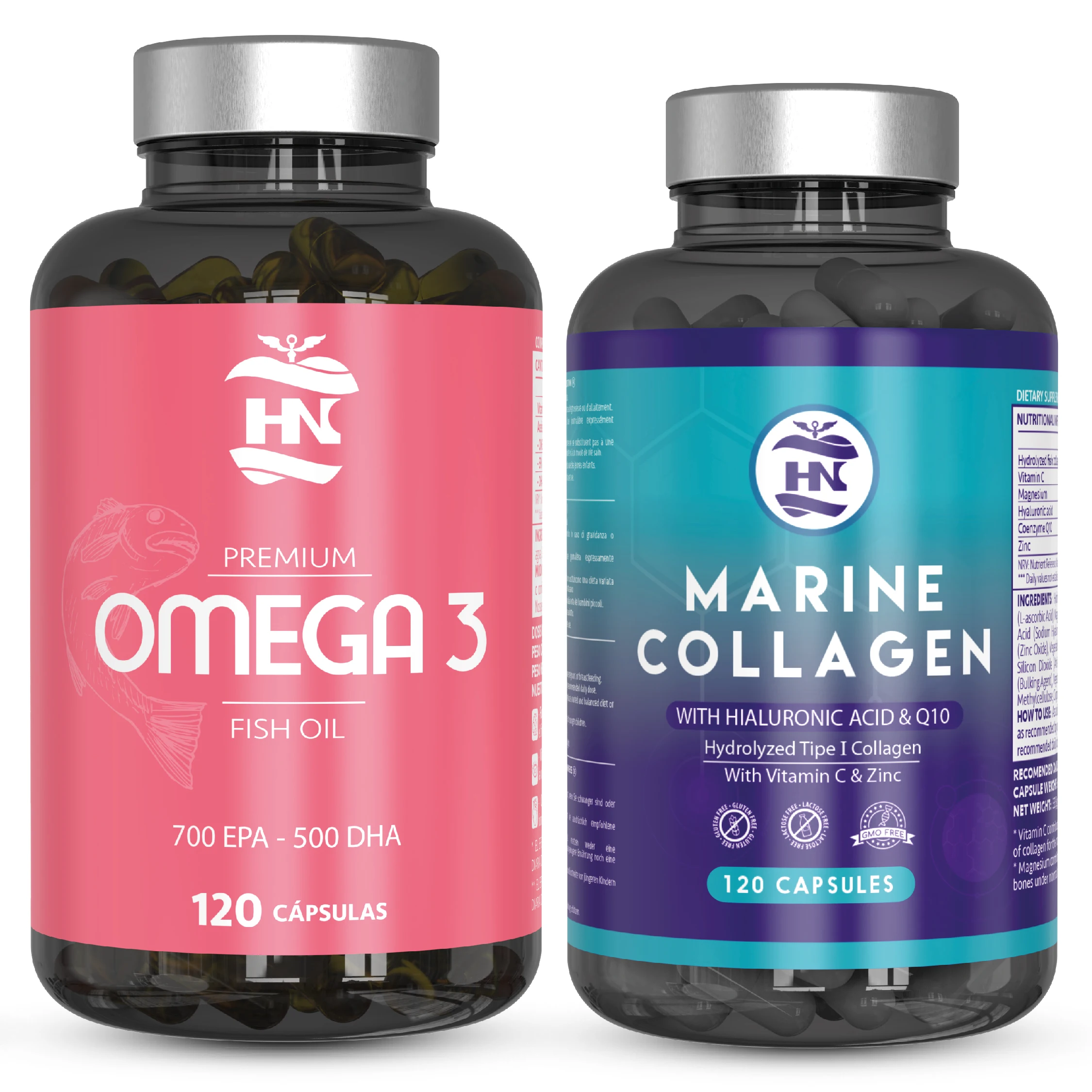 Hn - healthy nutrition - omega 3 & marine collagen pack - omega 3 capsules 2000 mg based on omega3 fish oil - 120 soft pearls of omega 3 fatty acids 700 mg epa - 500 mg dha - pure hydrolyzed marine collagen with hyaluronic acid and vitamin c. #1