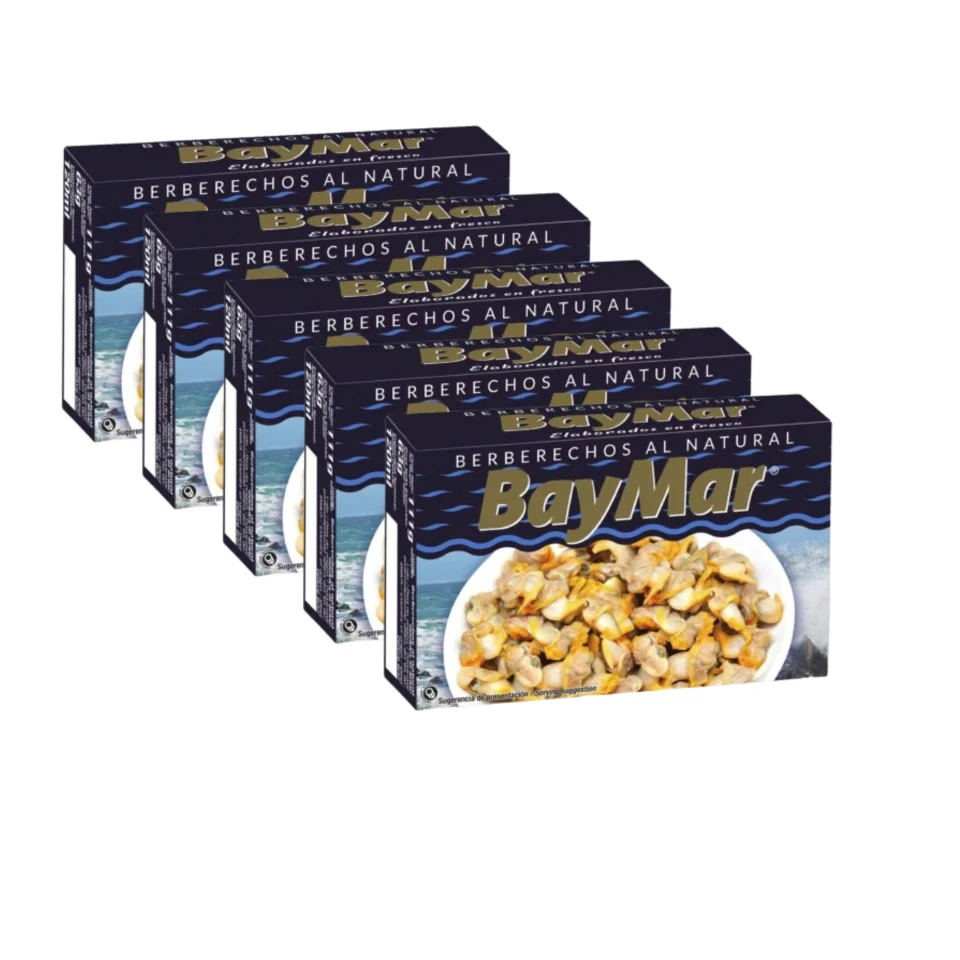 5 LATAS DE BERBERECHOS AL NATURAL MEDIANOS  58G NETO ESCURRIDO - BAYMAR , SABOR Y CALIDAD.