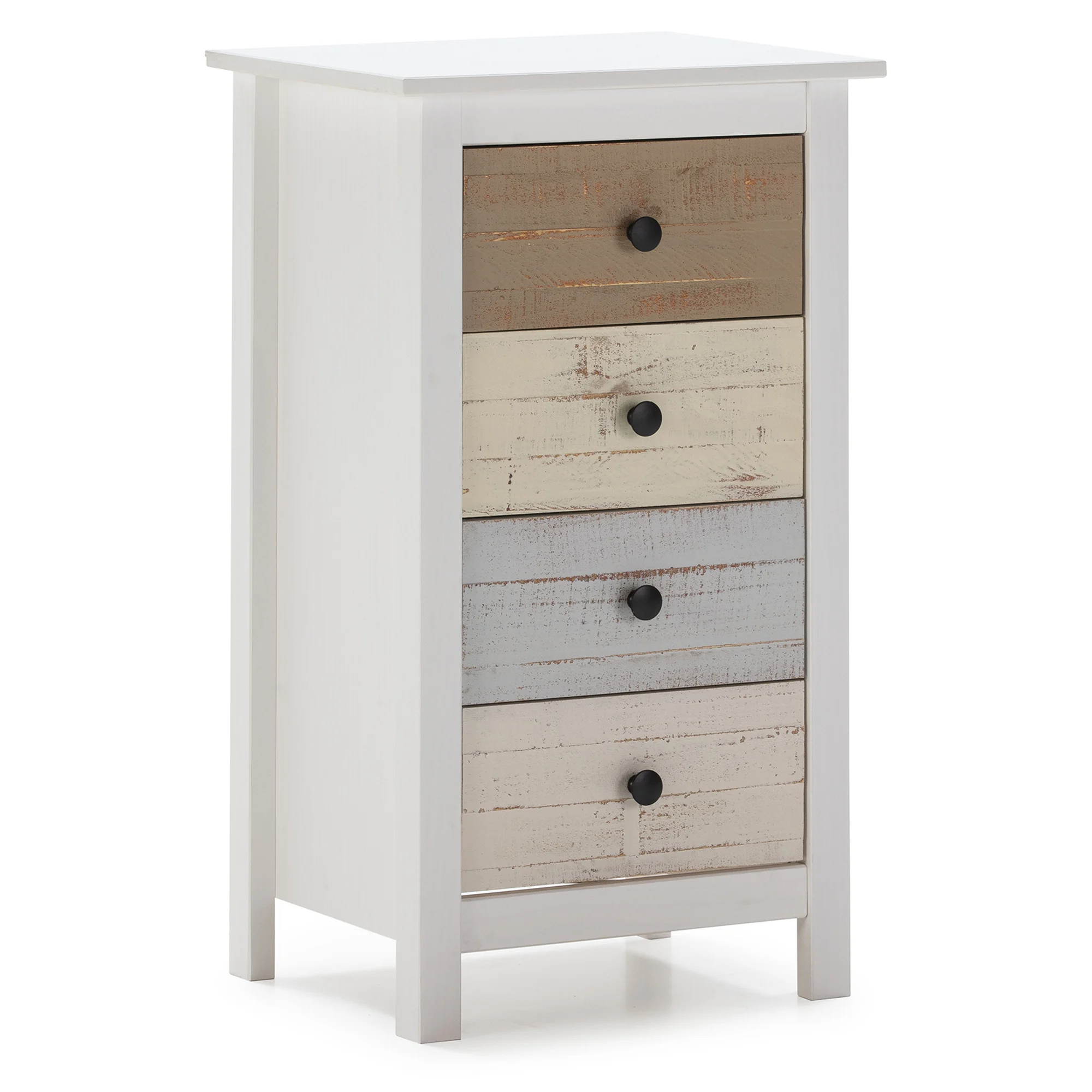 VS Venta-Stock Sinfonier Magda 4C Blanco/Multicolor - Mueble de Noche Elegante y Funcional con Amplia Capacidad de Almacenamiento