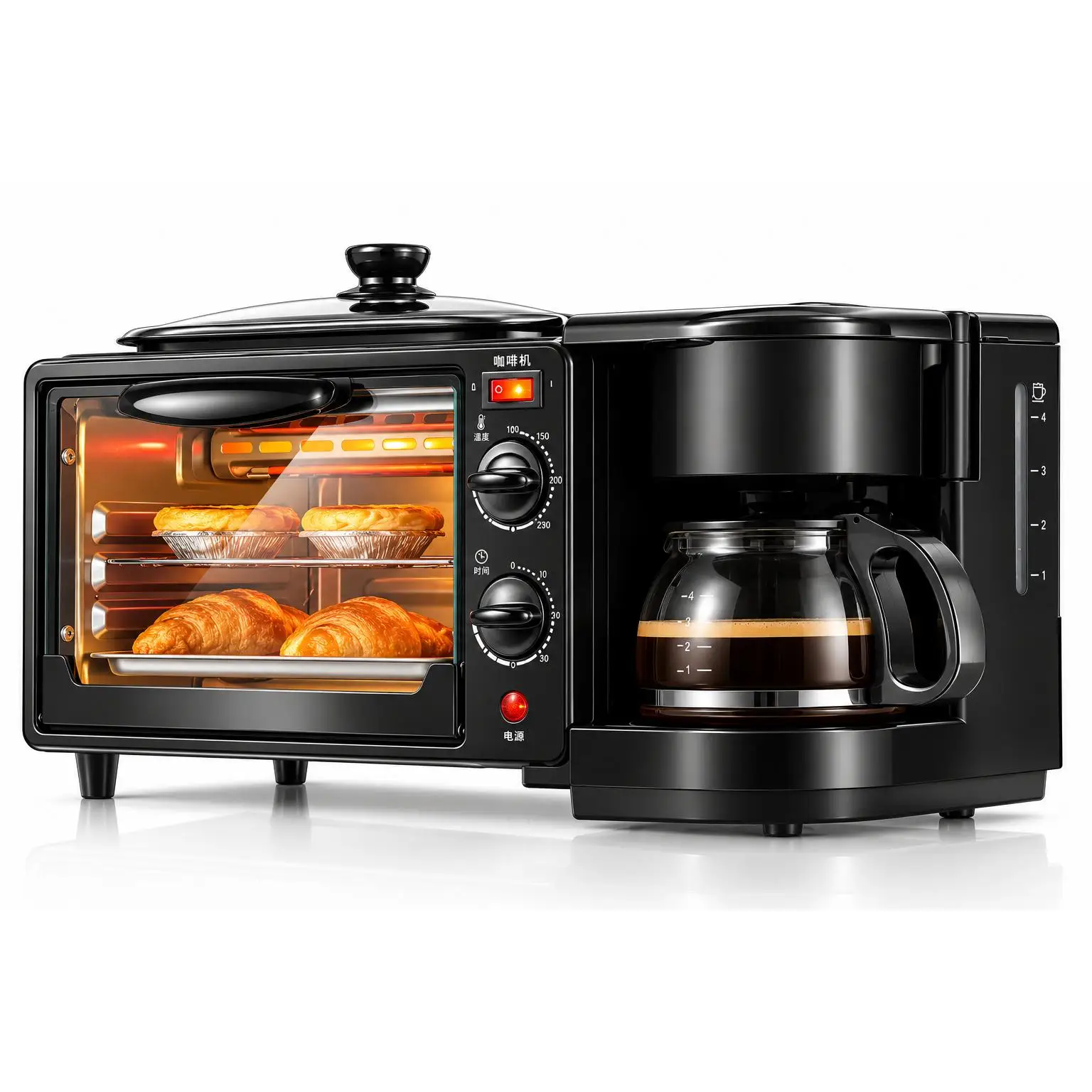 Don Feliz Máquina de Desayuno 3 en 1 con Cafetera, Horno Eléctrico y Plancha Antiadherente, Jarra de Vidrio Borosilicato 600 ml, Control Independiente, Centro de Desayuno Multifunción Negro
