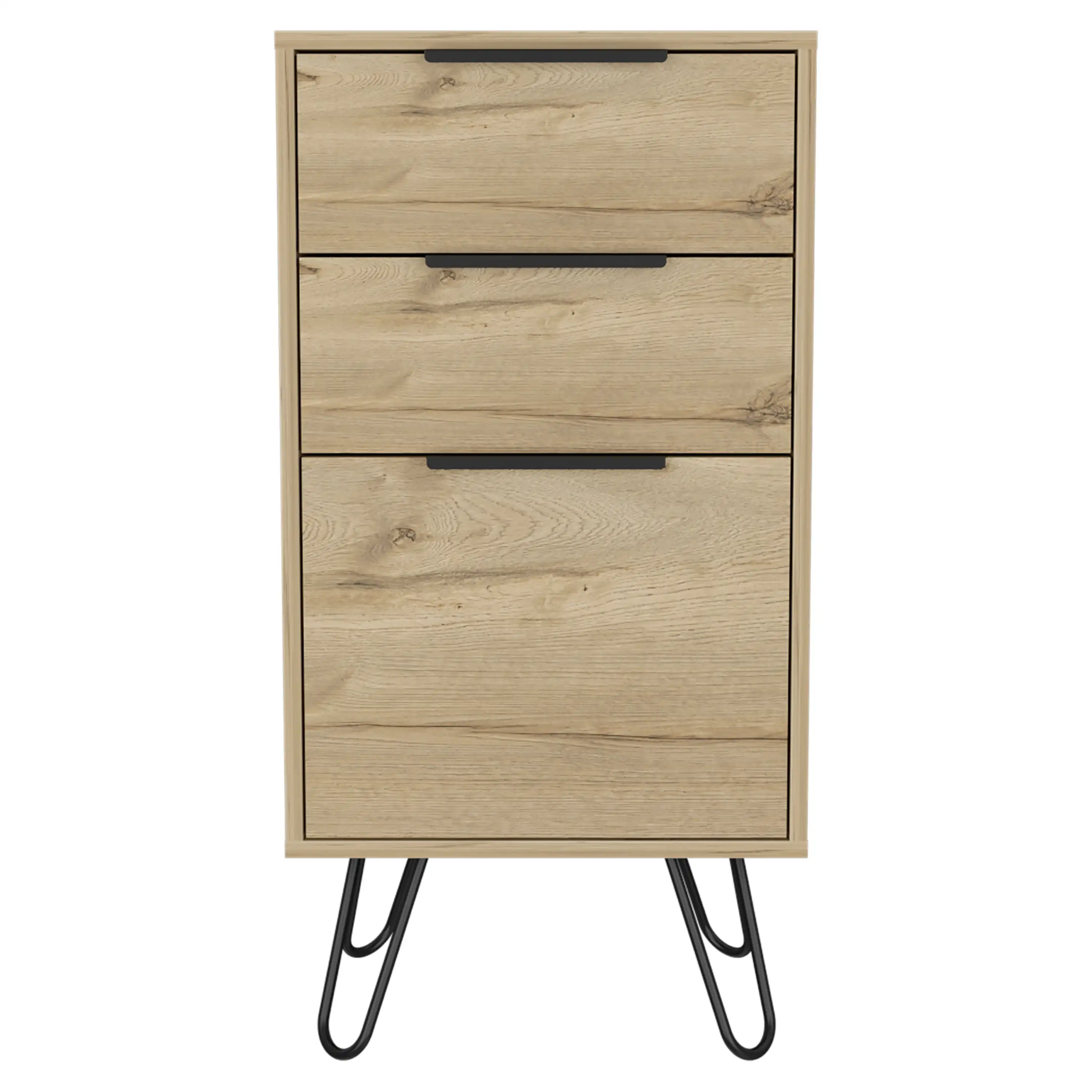 TUHOME Cómoda London, tres cajones, superficie superior, patas tipo horquilla, Roble Claro.Altura: 90,3 cm Ancho:45 cm Profundidad: 35 cm