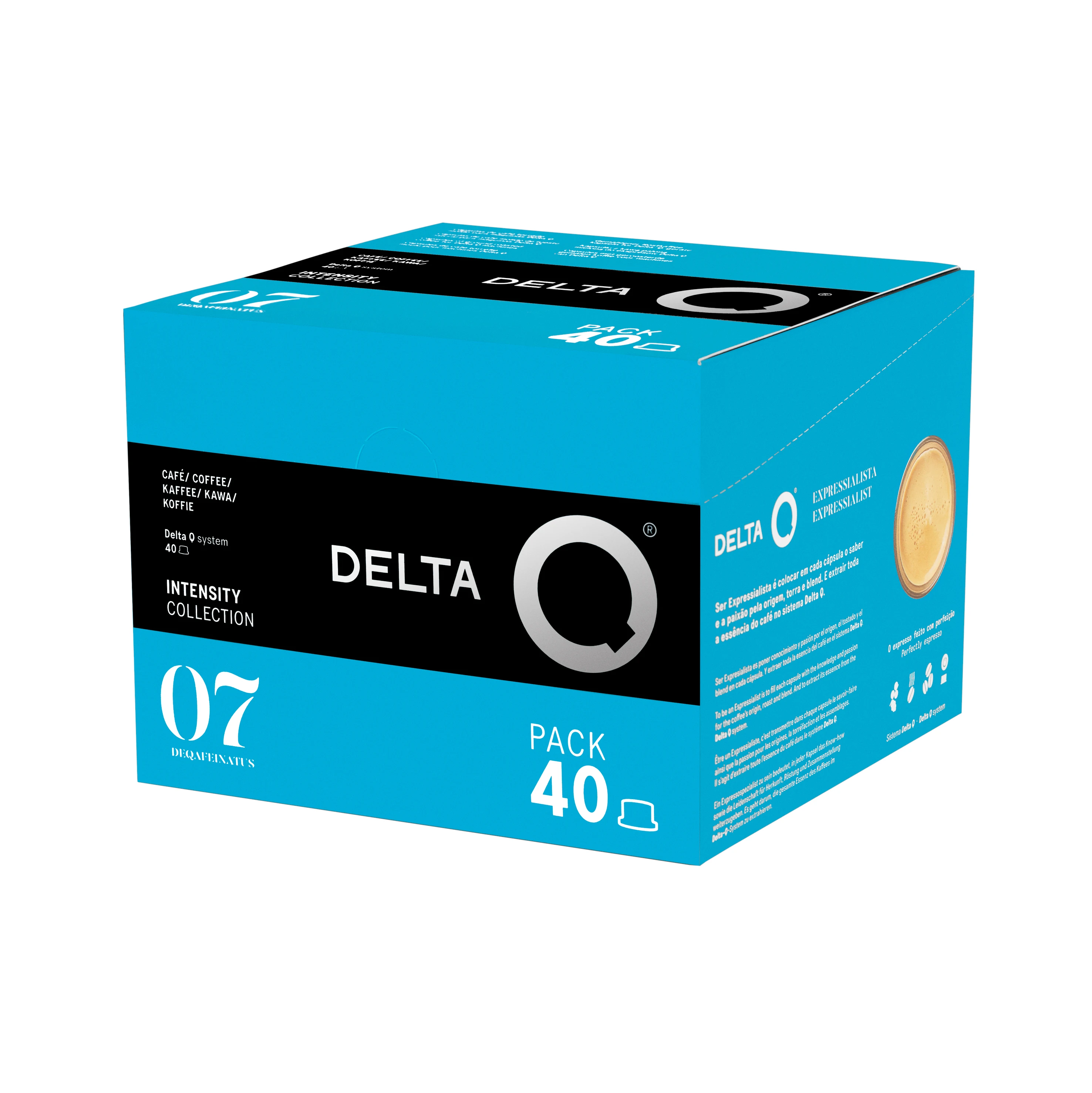 Delta Q - Pack 40 Cápsulas de Café Molido DeQafeinatus - Intensidad 7 - Espresso Descafeinado Compatible con Cafeteras Delta Q - Sabor Intenso con Notas de Caramelo