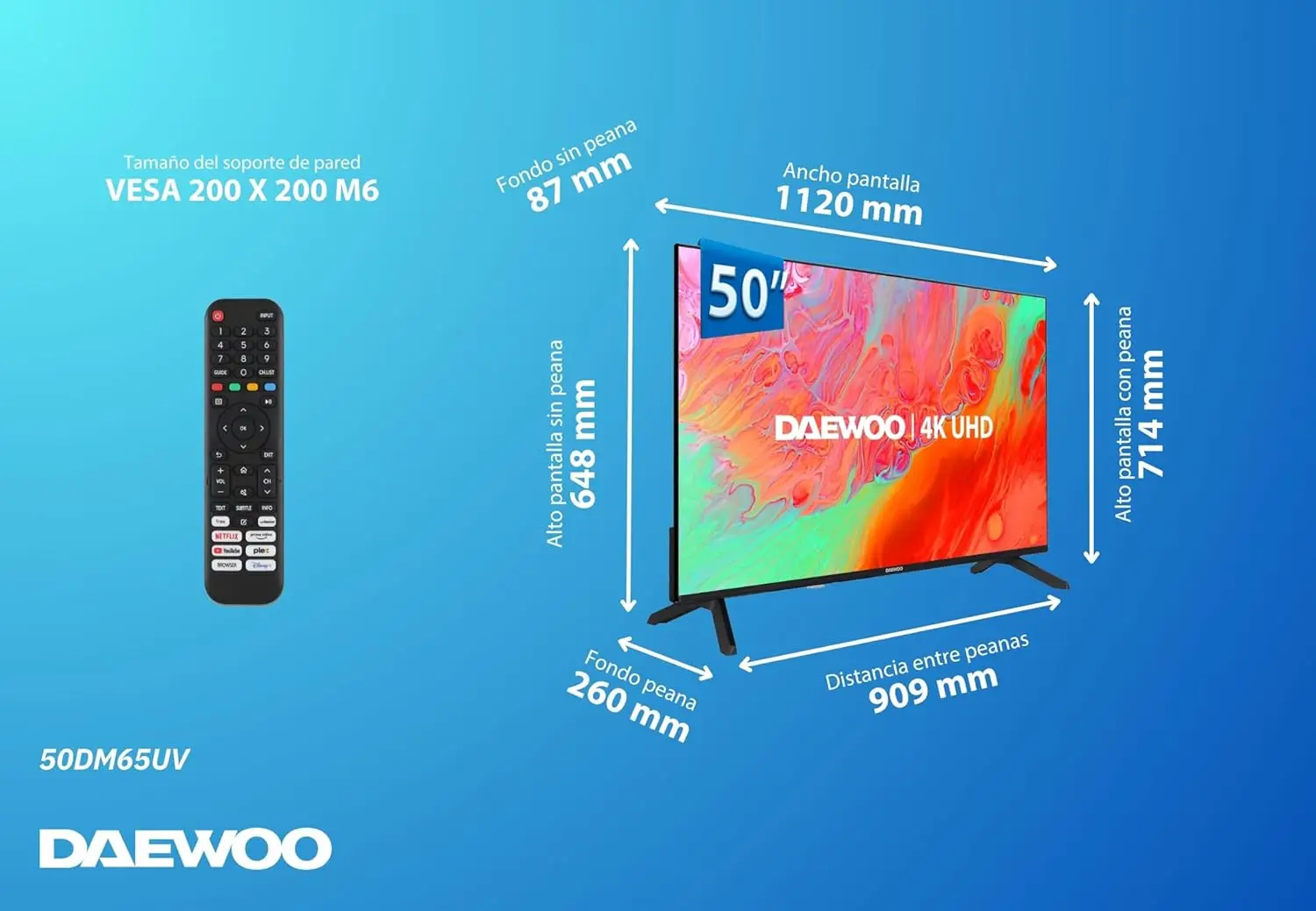 TELEVISION DAEWOO 50DM56UV  50" LED - SMART TV VIDAA, PATAS LATERALES, FULL HD, DOLBY AUDIO, LED (Similar a TV LG QLED)