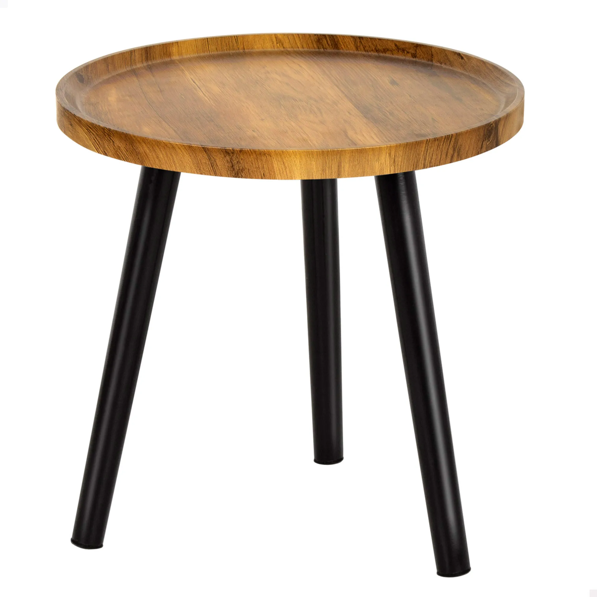 Max Home - Mesa auxiliar redonda  de madera natural con patas metálicas negras, diseño moderno de 38x37 cm para salón, dormitorio o entrada, resistente, fácil de combinar con cualquier estilo, peso
