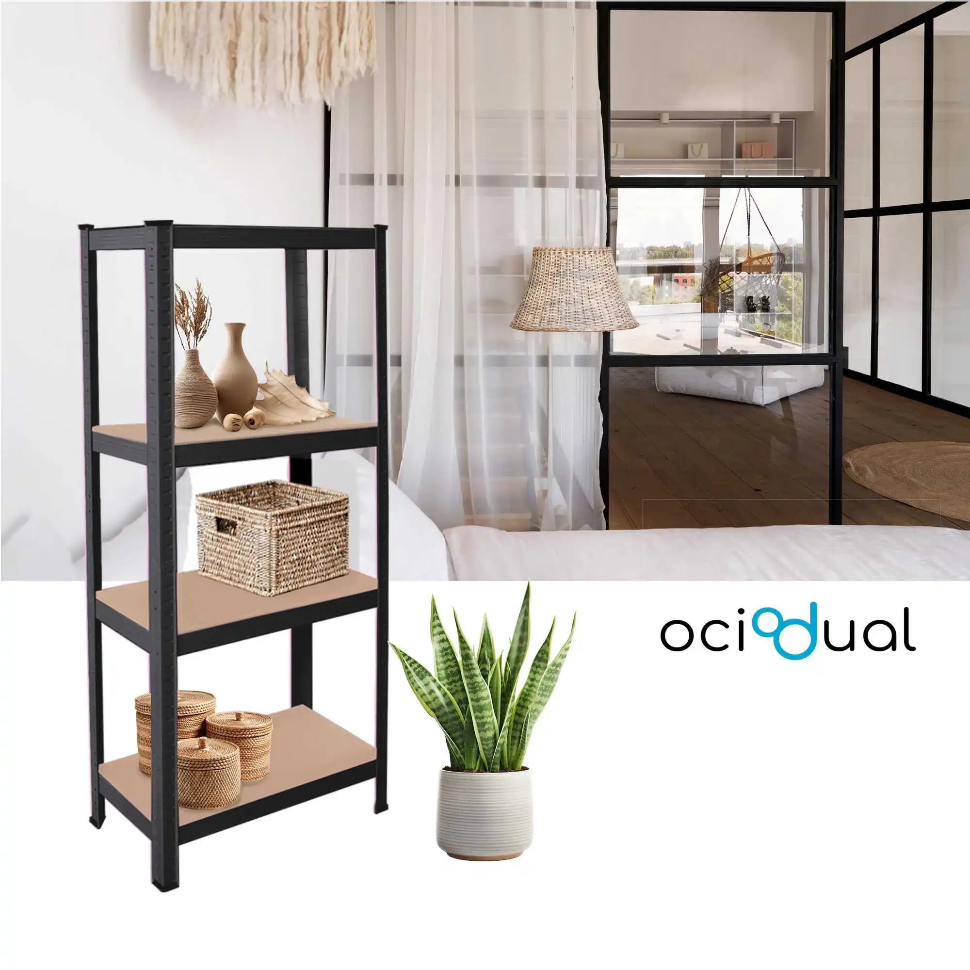 OioDual Metal Shelf Tiny Grey, Shelf for Home, Storage Rack, Storage Rack, Furniture, Office, Divisible Storage Shelves, Screwless, 240kg, 4 shelves MDF, 150x60x30cm