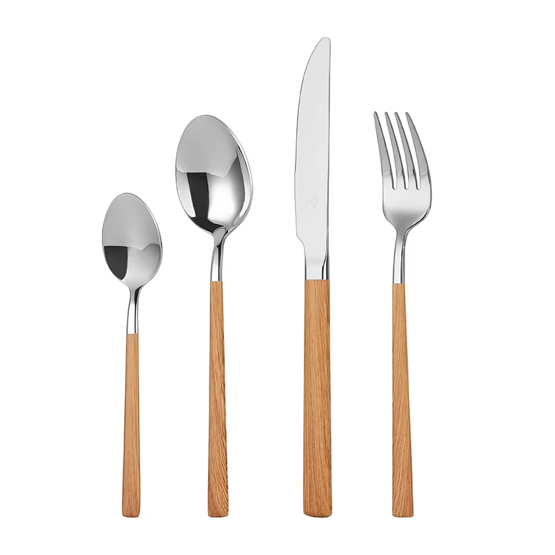 Mr.Spoon Juego 16 piezas Cubiertos, Acero inoxidable 18/0, Color Plateada, Mango marrón, Incluye cuchillo,tenedor,cuchara,cucharilla, Cubertería, Servicio para 4 Personas, Apto para lavavajillas.