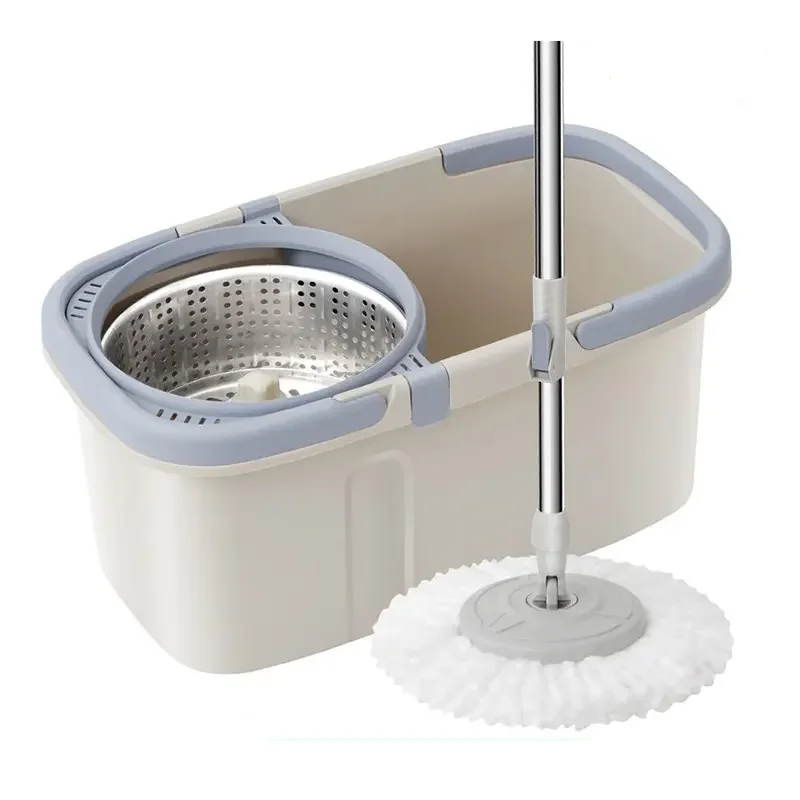 fregona retráctil giratoria de 360 ° con cubo, mopa redonda de acero inoxidable de Doble accionamiento, Herramientas de limpieza automática para el hogar en seco y húmedo,2 recambio