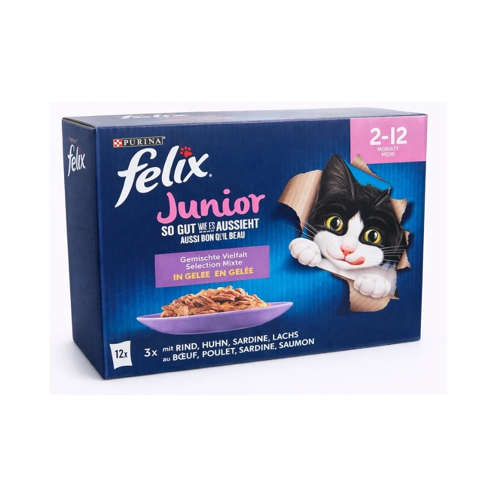 FELIX Junior Selección en Gelatina (12x85 gr) - Alimento Húmedo Completo para Gatitos (2-12 Meses) (Ternera, Pollo, Sardina y Salmón)